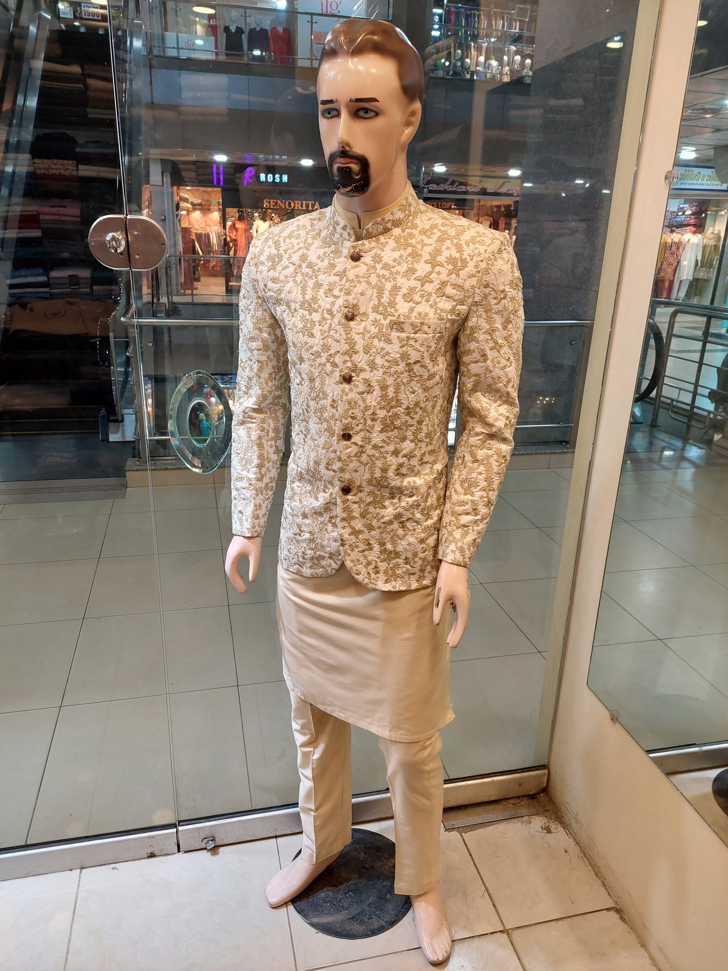 White Prince Coat with Golden Embroidery - Masoori Fabric