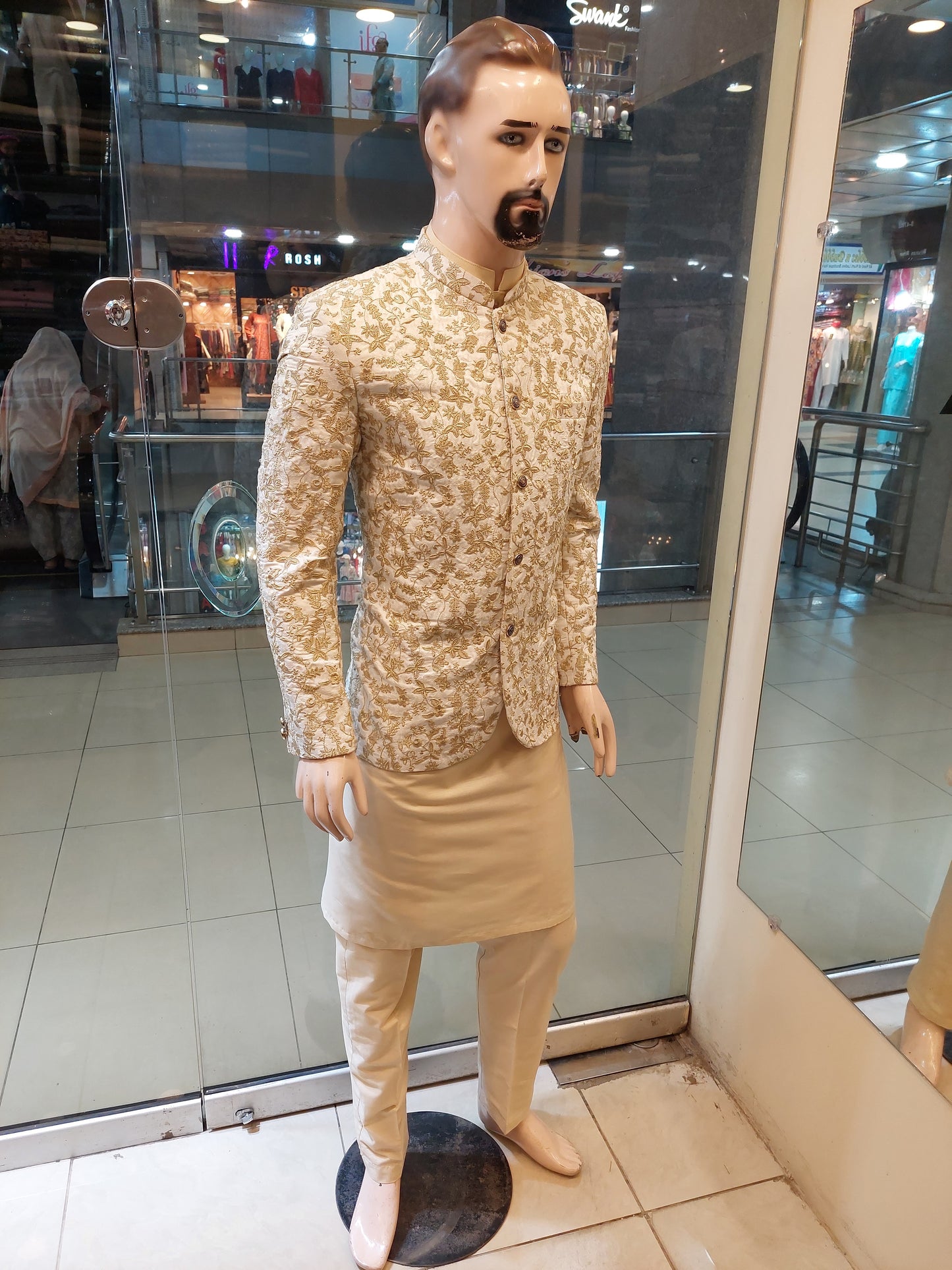 White Prince Coat with Golden Embroidery - Masoori Fabric