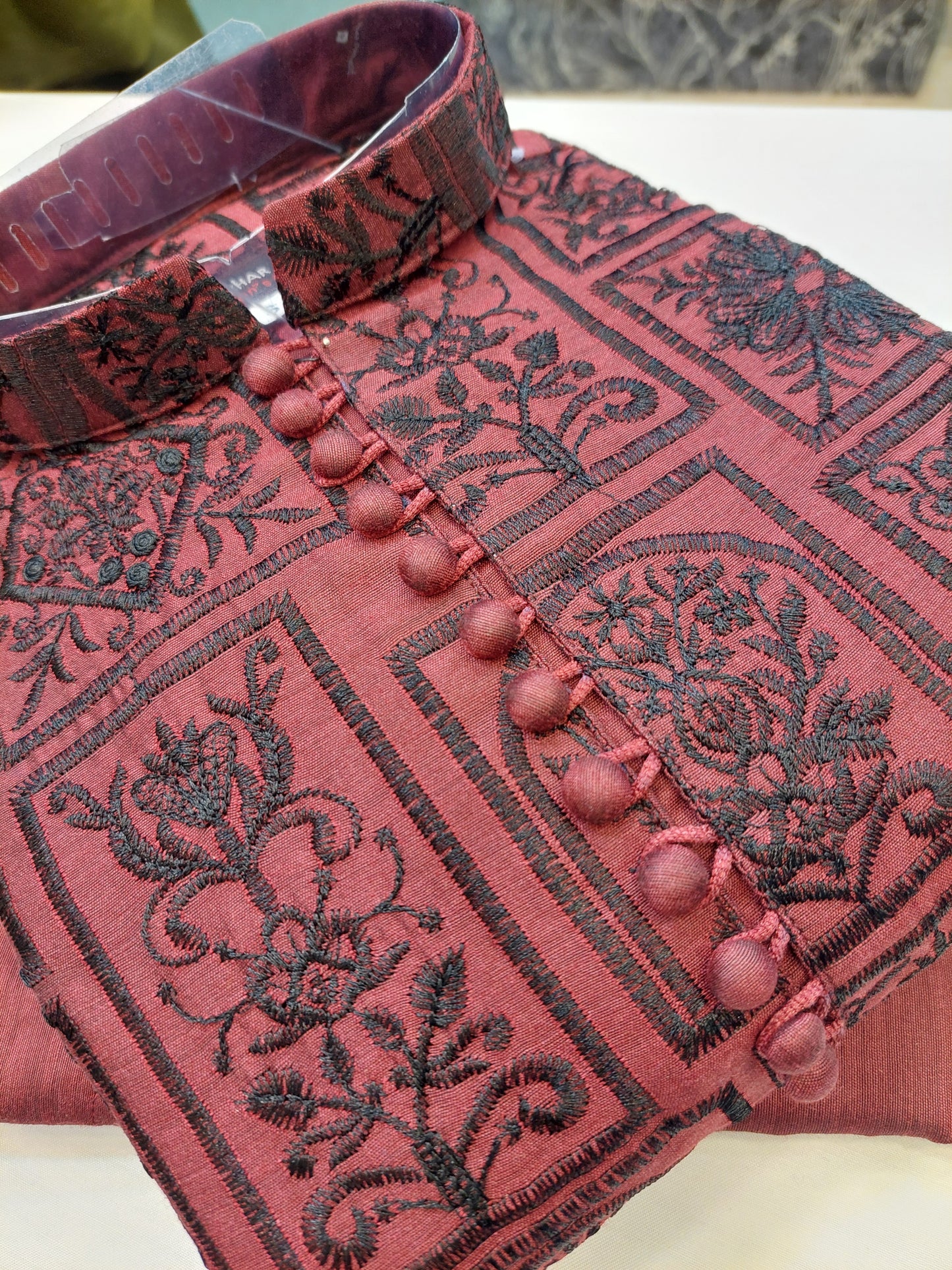 Maroon With Black Embroidery - Kurta Pajama - Masoori Sequence Work - Cotton Silk Fabric