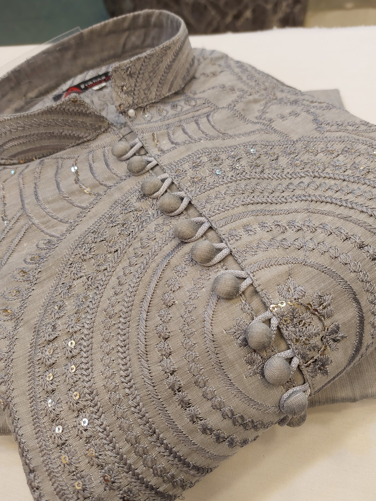 Steel Grey - Kurta Pajama - Masoori Sequence Work - Cotton Silk Fabric