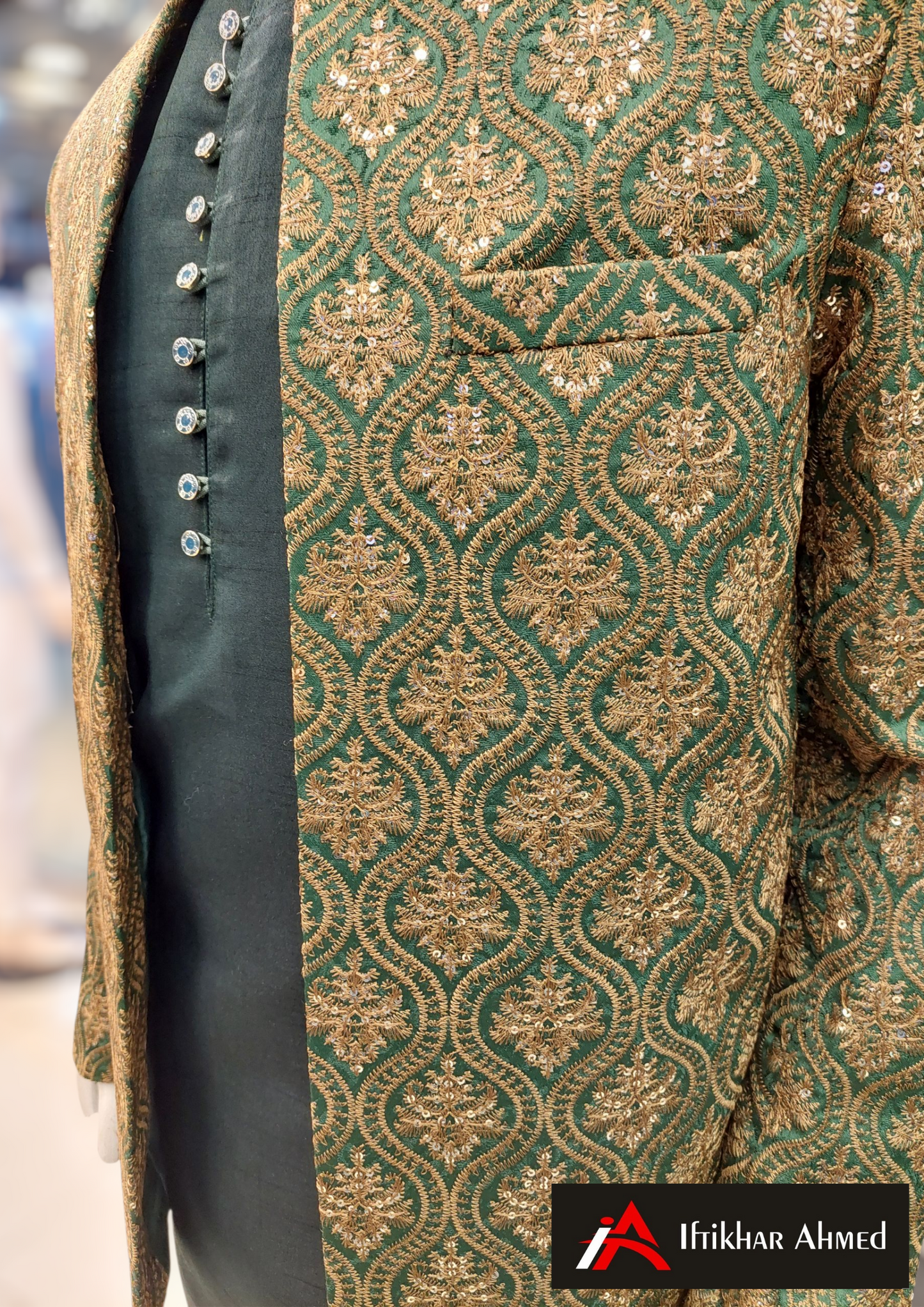 Green With Copper Embroidery - Open Style Prince Coat - Masoori Fabric