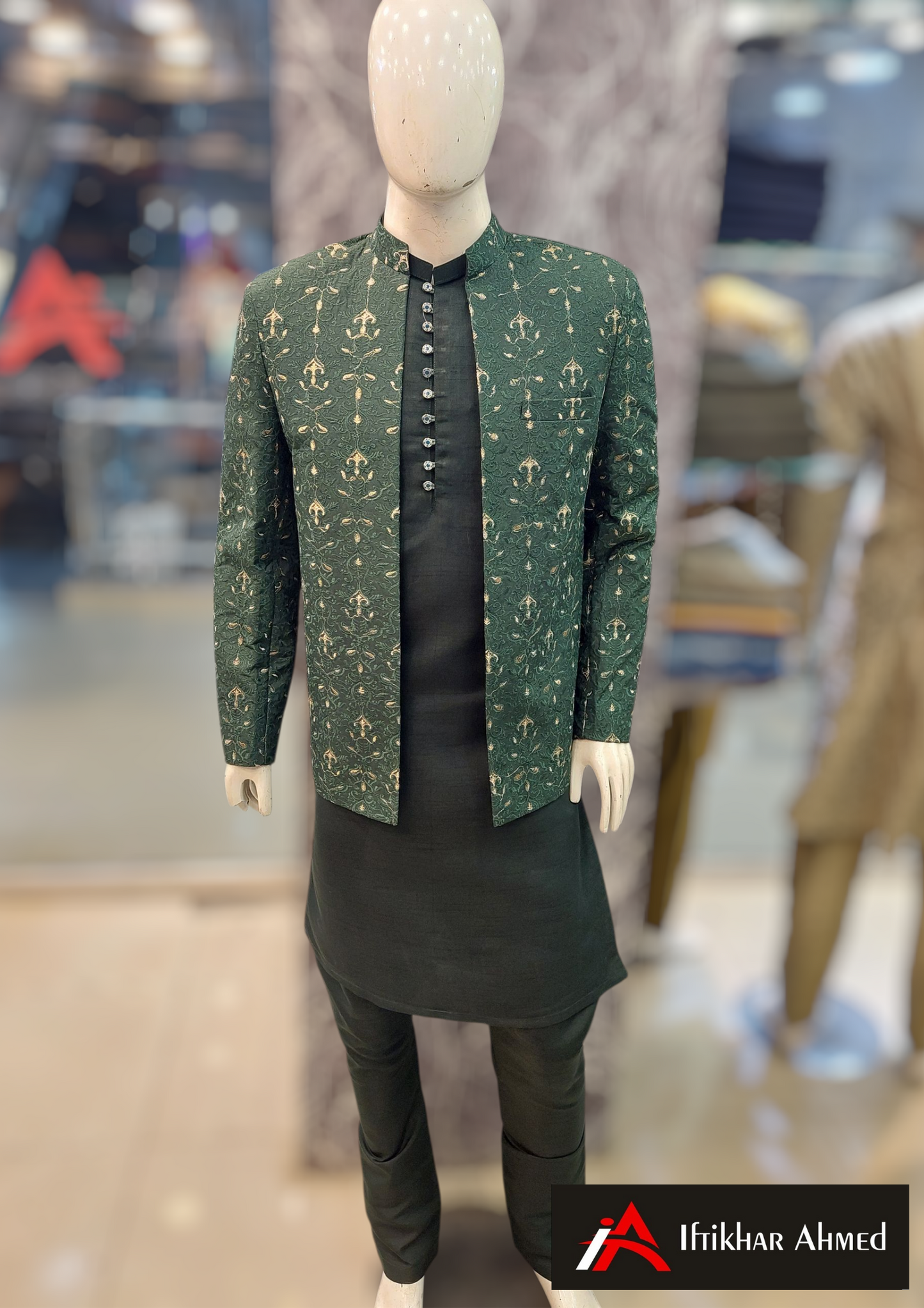 Green With Green Golden Embroidery - Open Style Prince Coat - Masoori Fabric