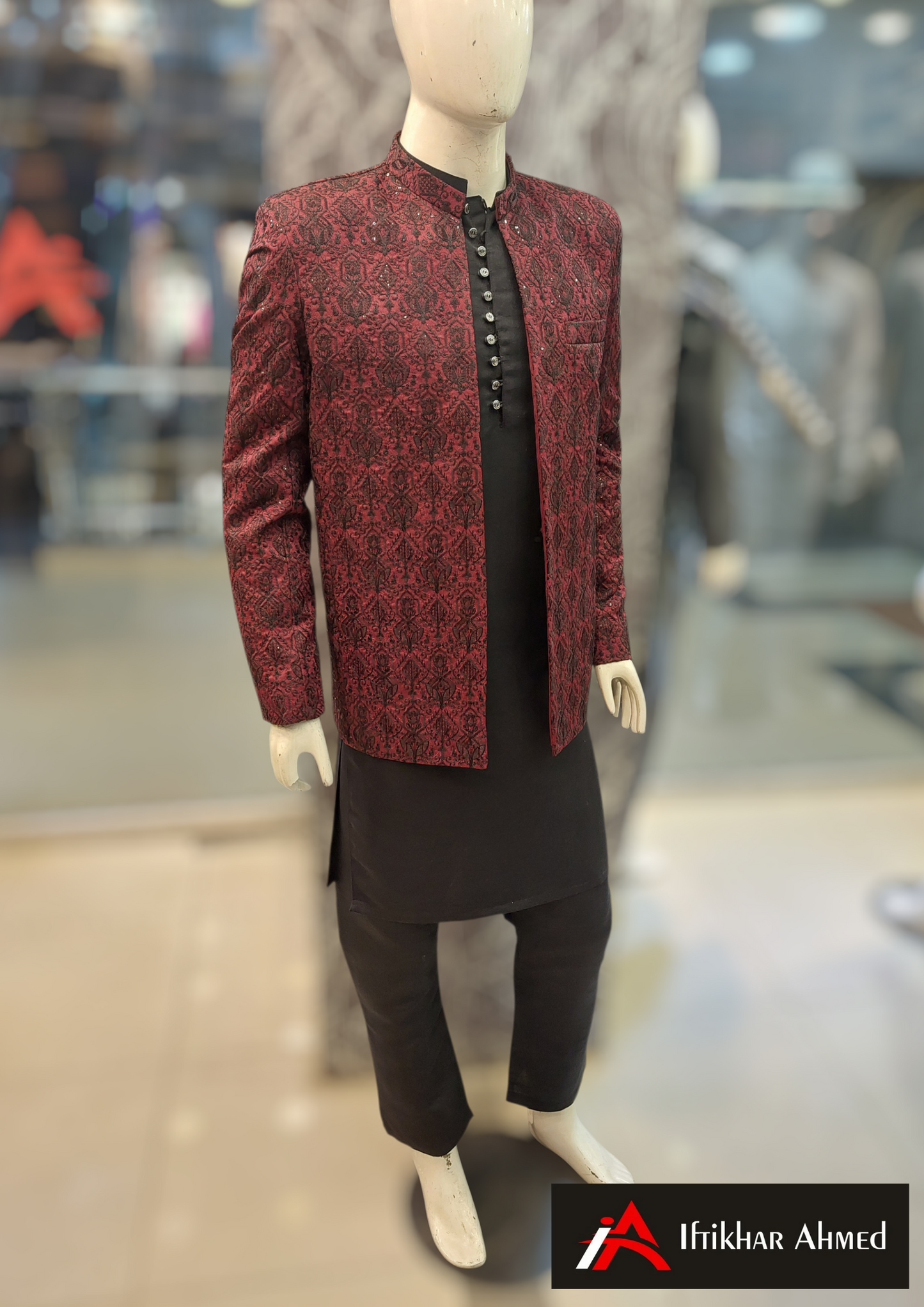 Maroon With Black Embroidery - Open Style Prince Coat - Masoori Fabric
