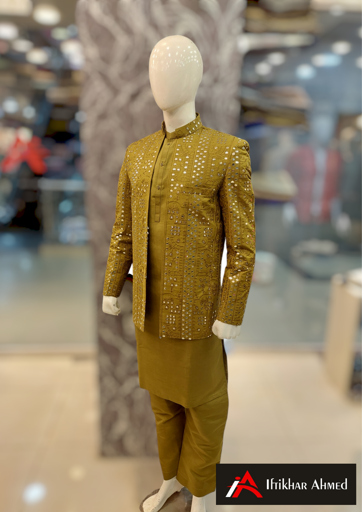 Dhaani Green With Mirror Work Embroidery Open Style Prince Coat - Masoori Fabric