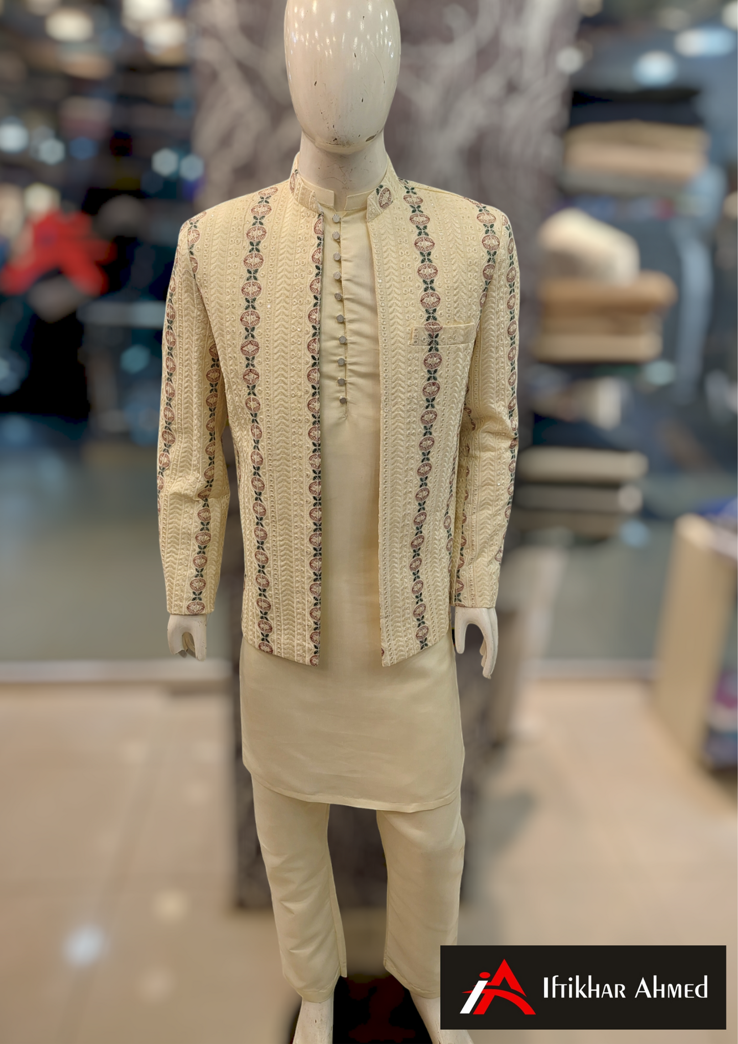 Cream With Cream & Maroon Embroidery - Open Style - Prince Coat - Masoori Fabric