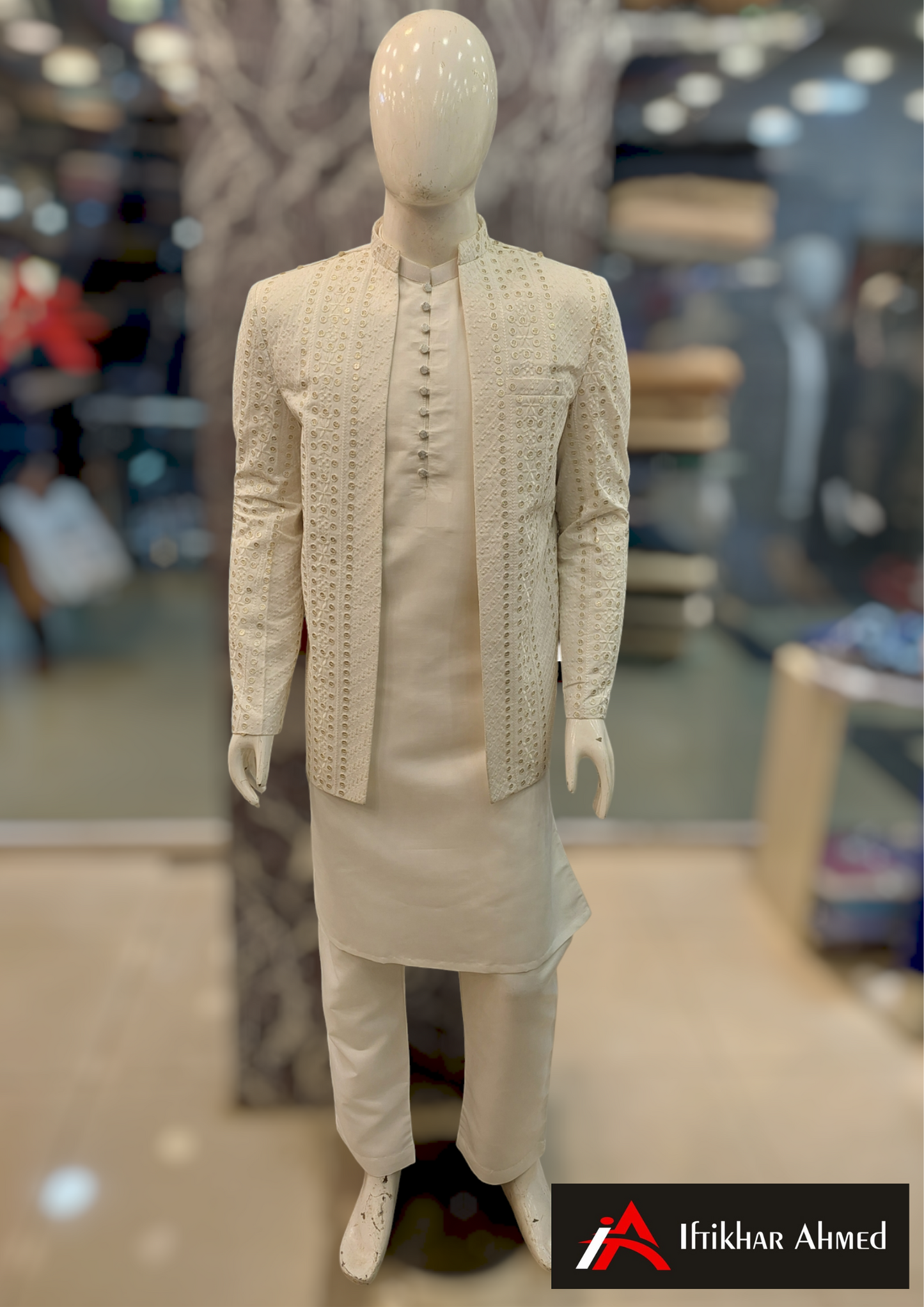 Milky White With Golden Embroidery Open Style Prince Coat - Masoori Fabric