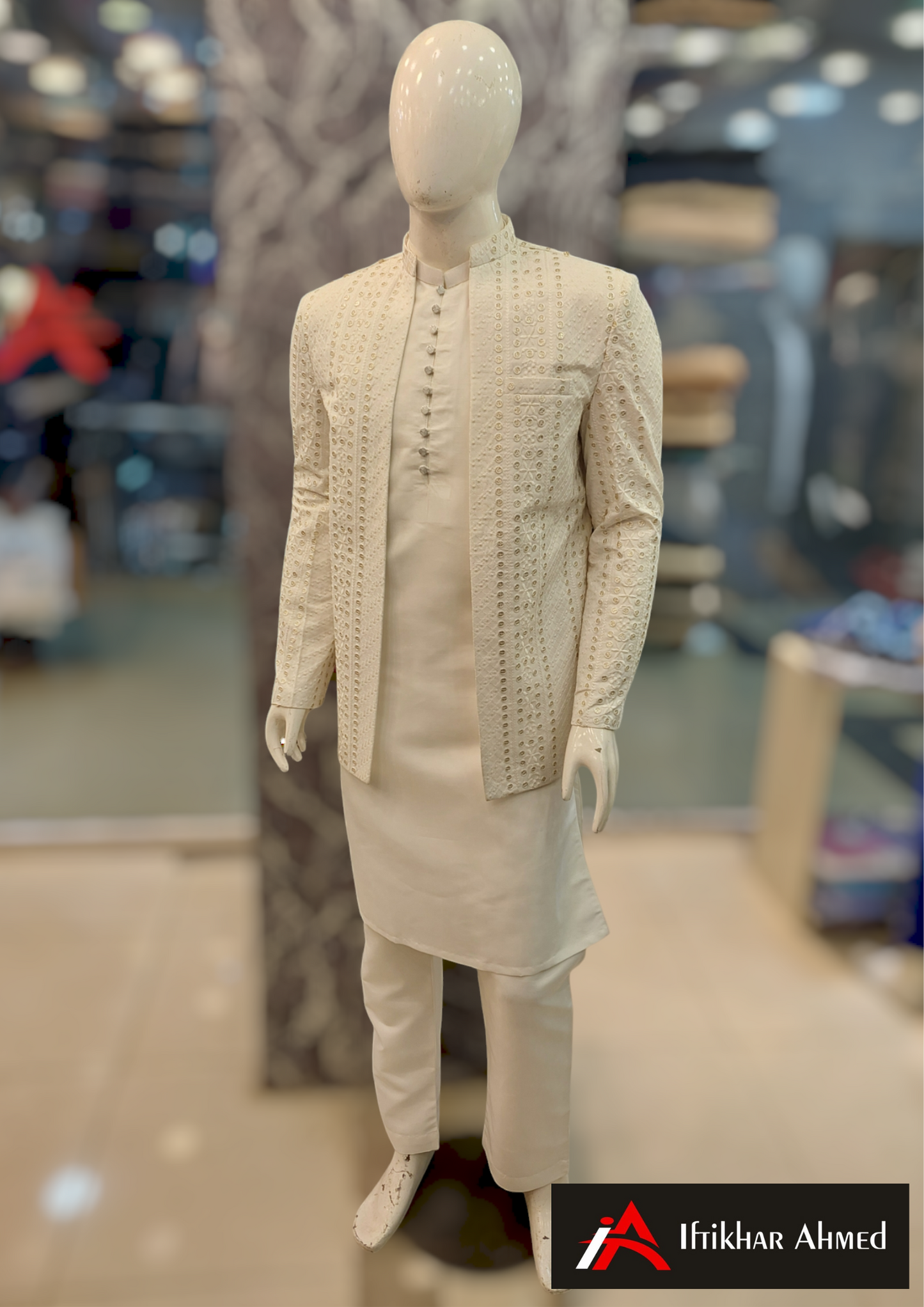 Milky White With Golden Embroidery Open Style Prince Coat - Masoori Fabric