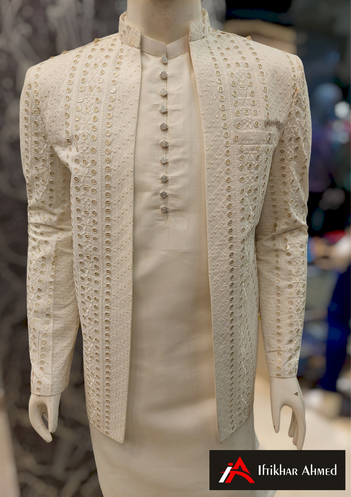 Milky White With Golden Embroidery Open Style Prince Coat - Masoori Fabric