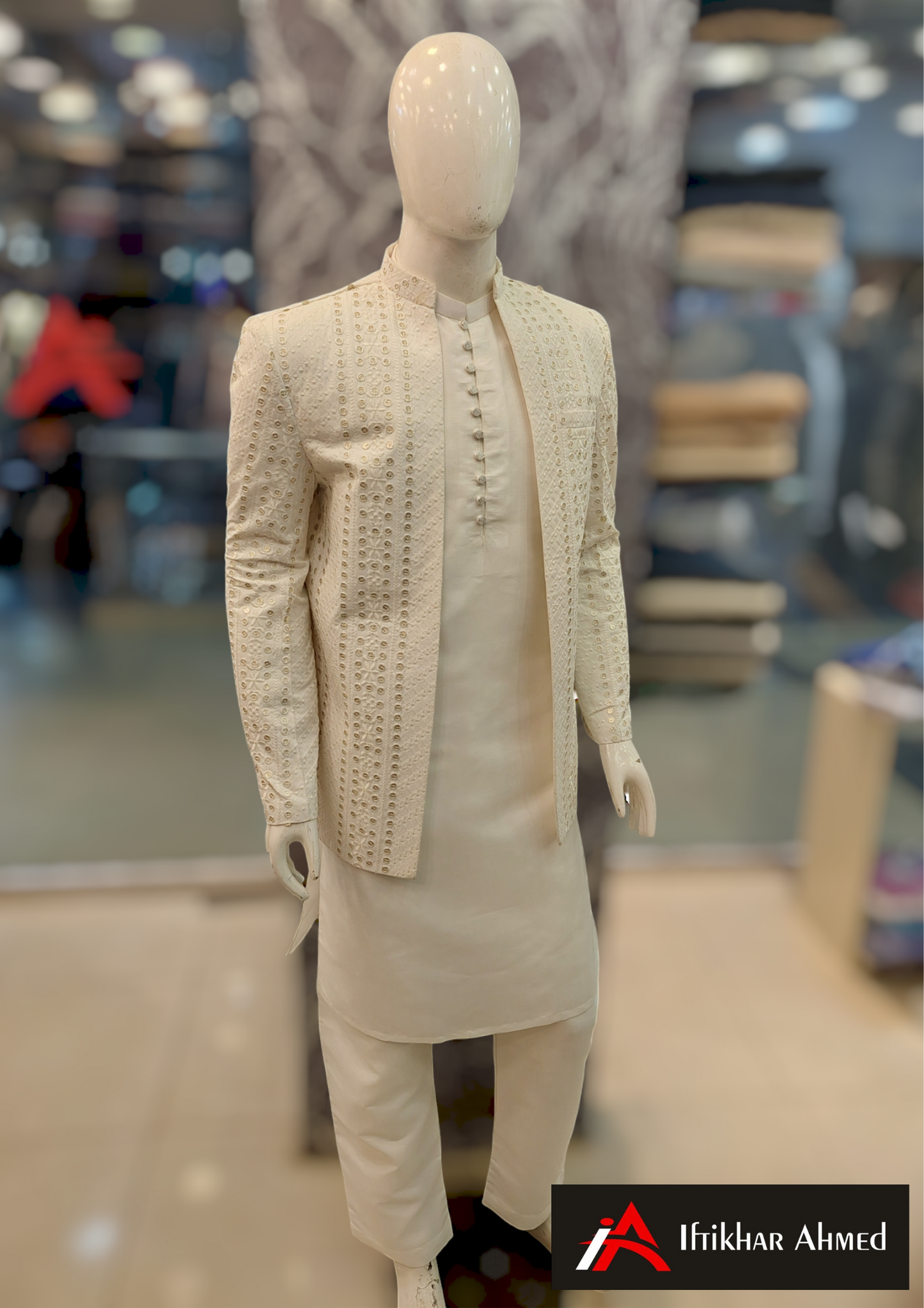 Milky White With Golden Embroidery Open Style Prince Coat - Masoori Fabric