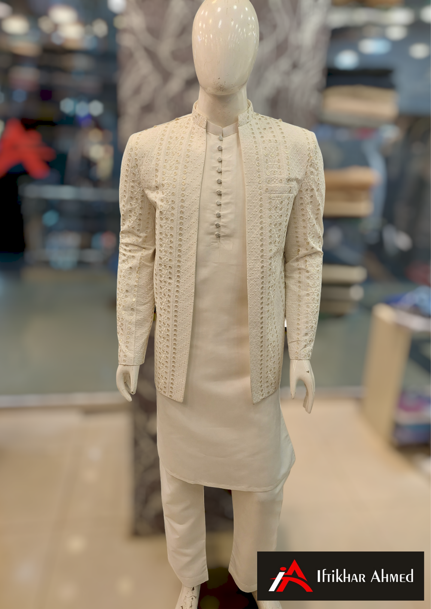 Milky White With Golden Embroidery Open Style Prince Coat - Masoori Fabric