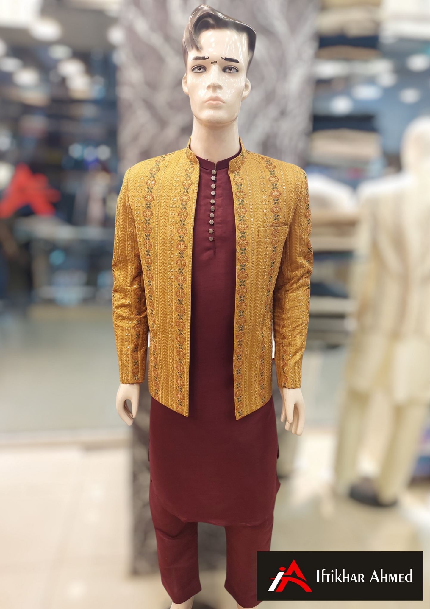 Mustard With Mustard & Maroon Embroidery - Open Style - Prince Coat - Masoori Fabric