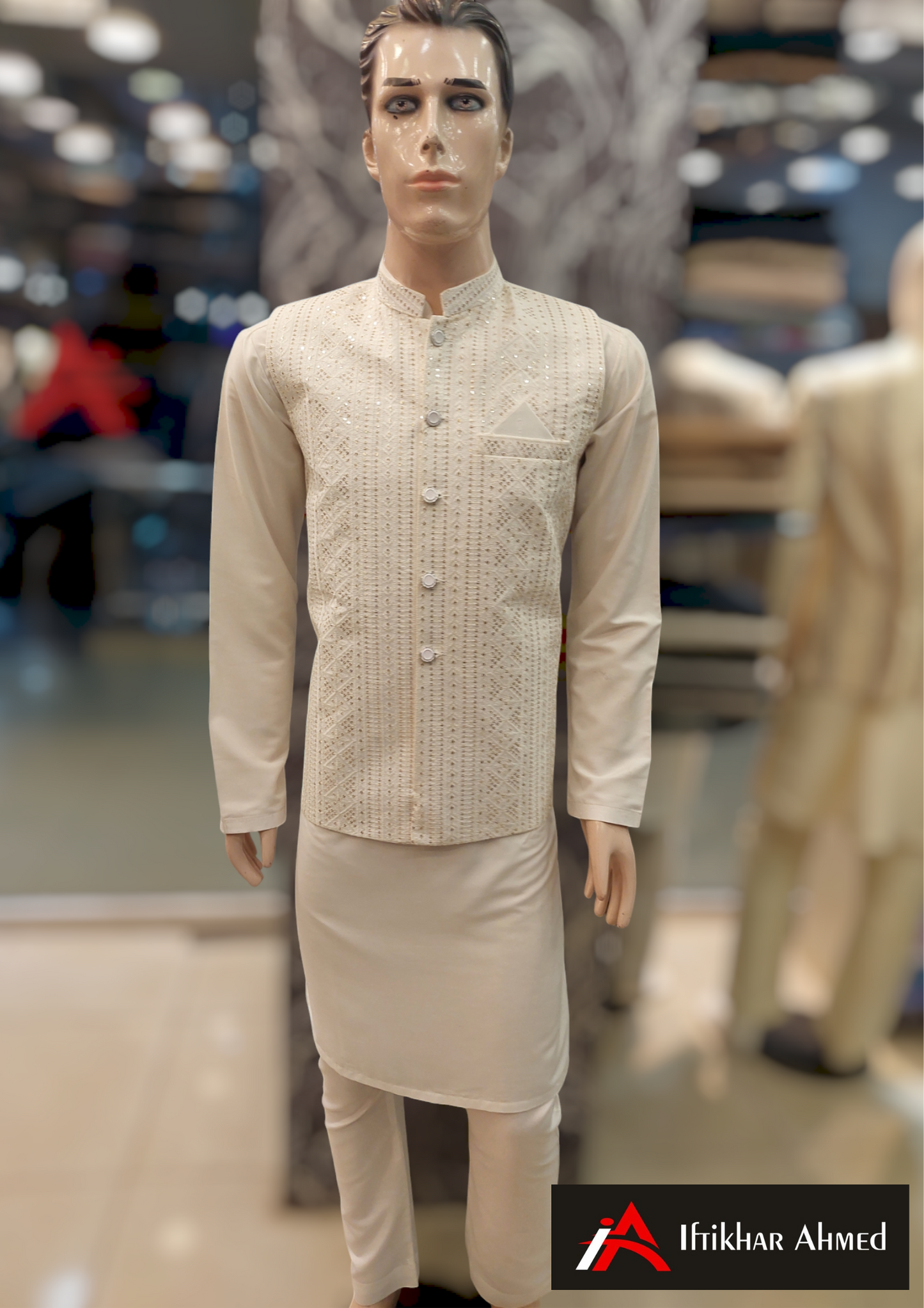 Milky White With Golden Embroidery - Waist coat - Fabric Masoori