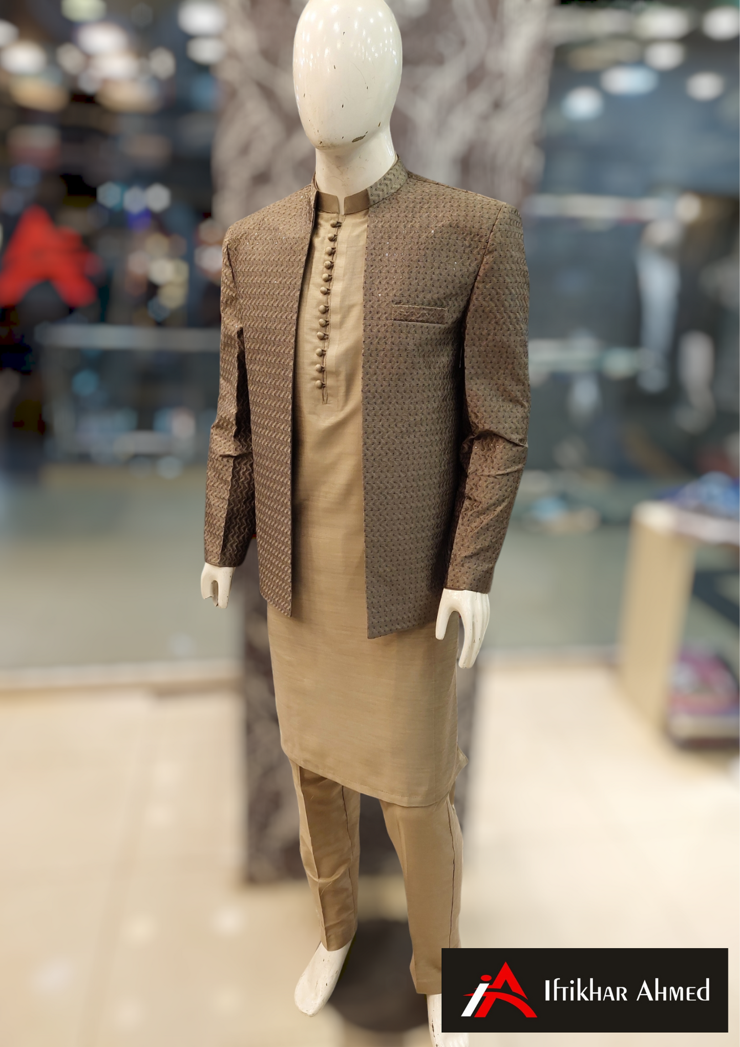 Mouse Grey With Same Embroidery Open Style Prince Coat - Masoori Fabric