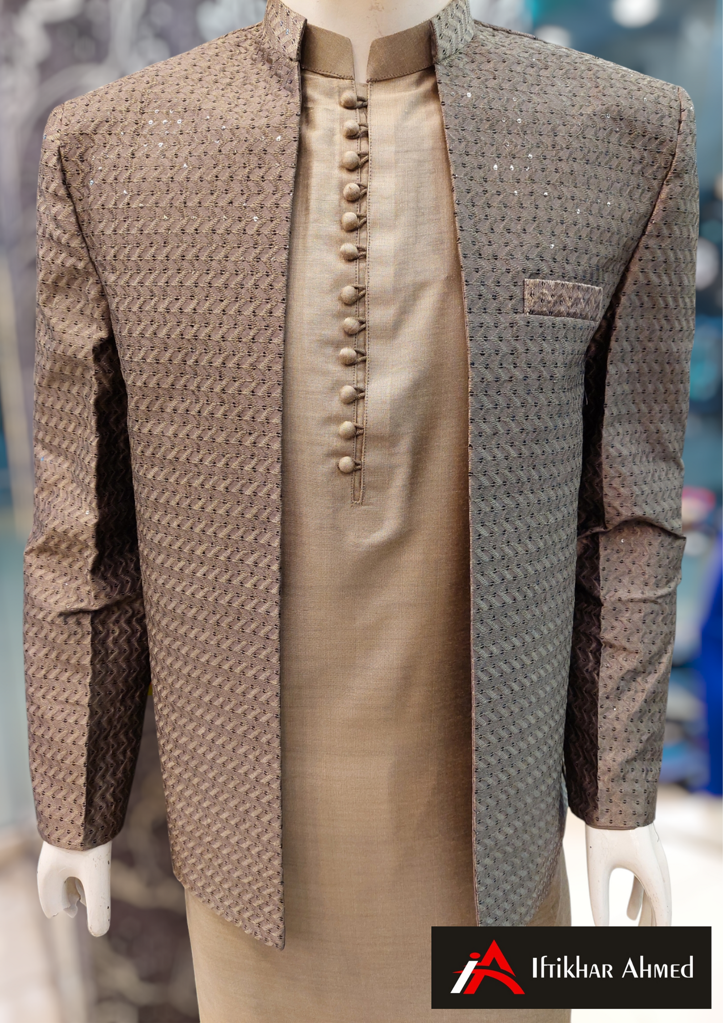 Mouse Grey With Same Embroidery Open Style Prince Coat - Masoori Fabric