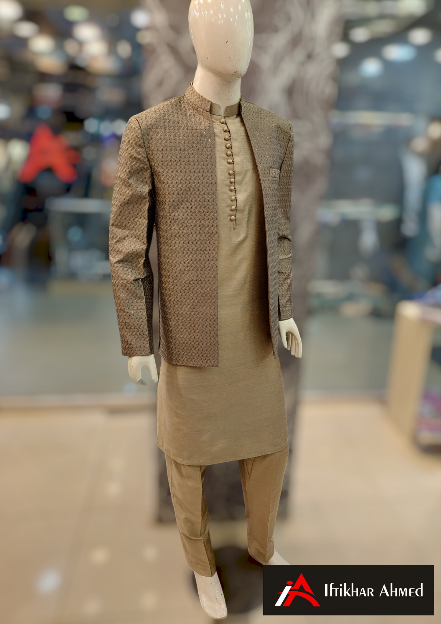 Mouse Grey With Same Embroidery Open Style Prince Coat - Masoori Fabric