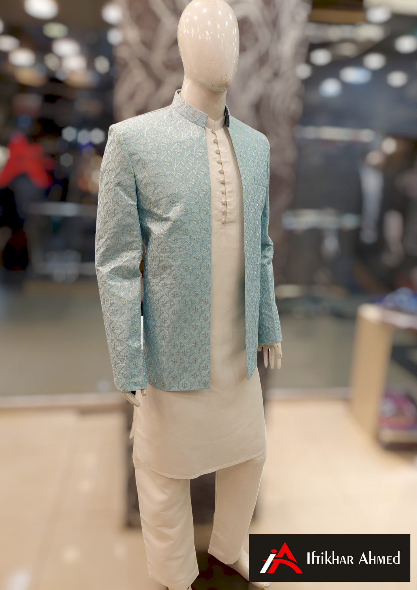 Sky Blue With Same Embroidery Open Style Prince Coat - Masoori Fabric