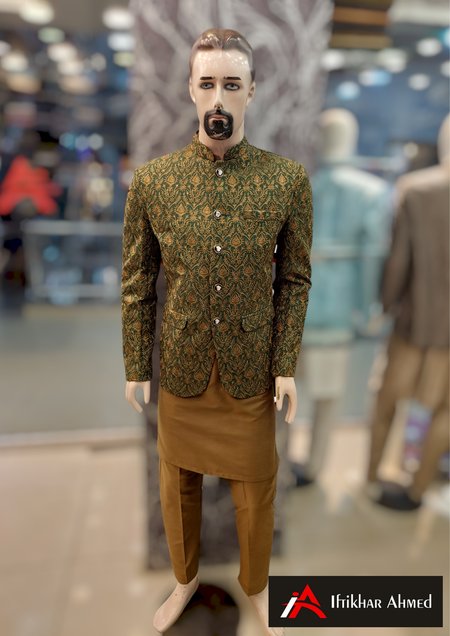 Green With Copper Embroidery - Prince Coat - Masoori Fabric
