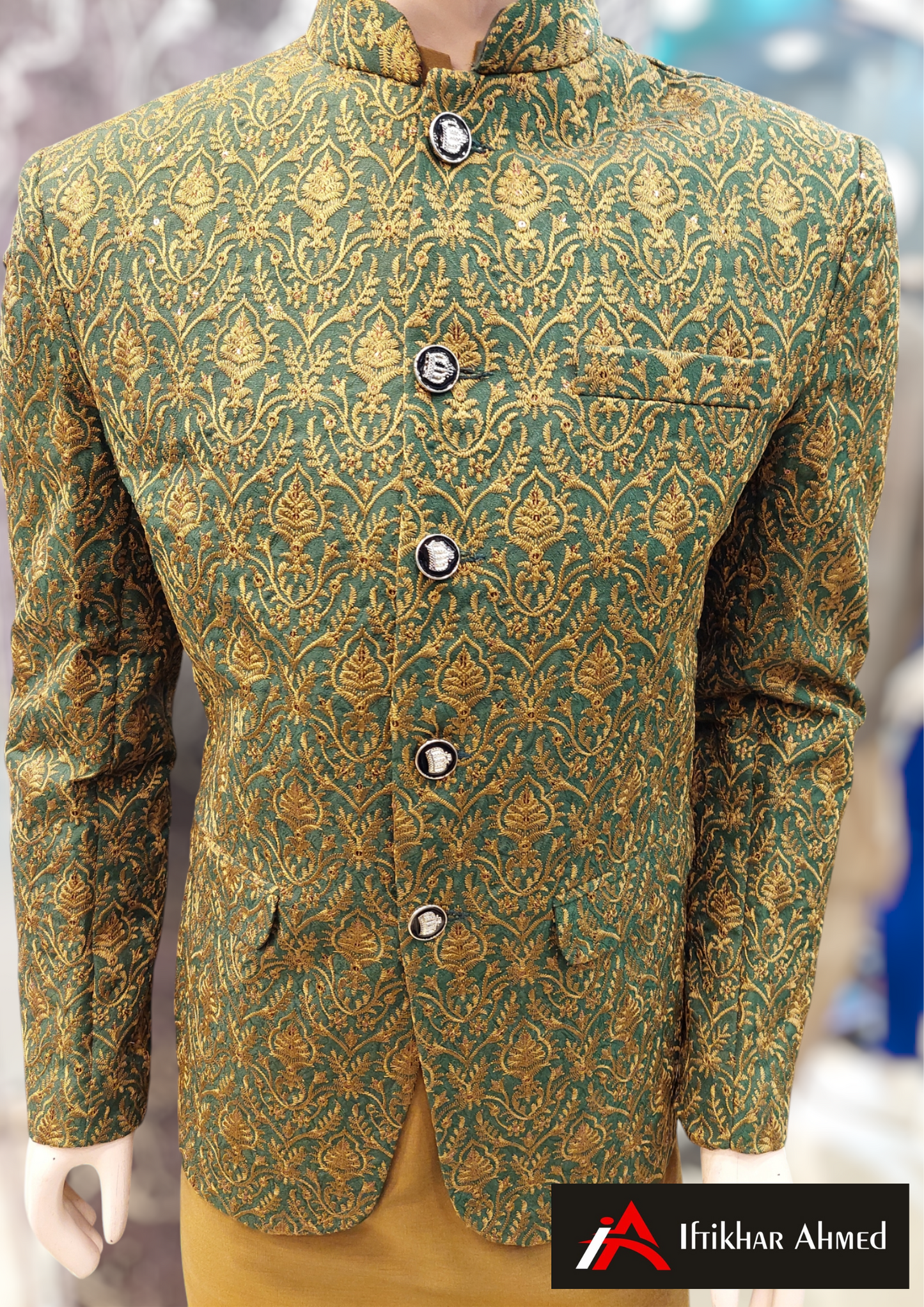 Green With Copper Embroidery - Prince Coat - Masoori Fabric