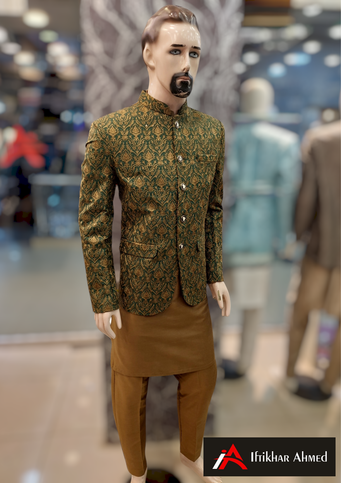 Green With Copper Embroidery - Prince Coat - Masoori Fabric