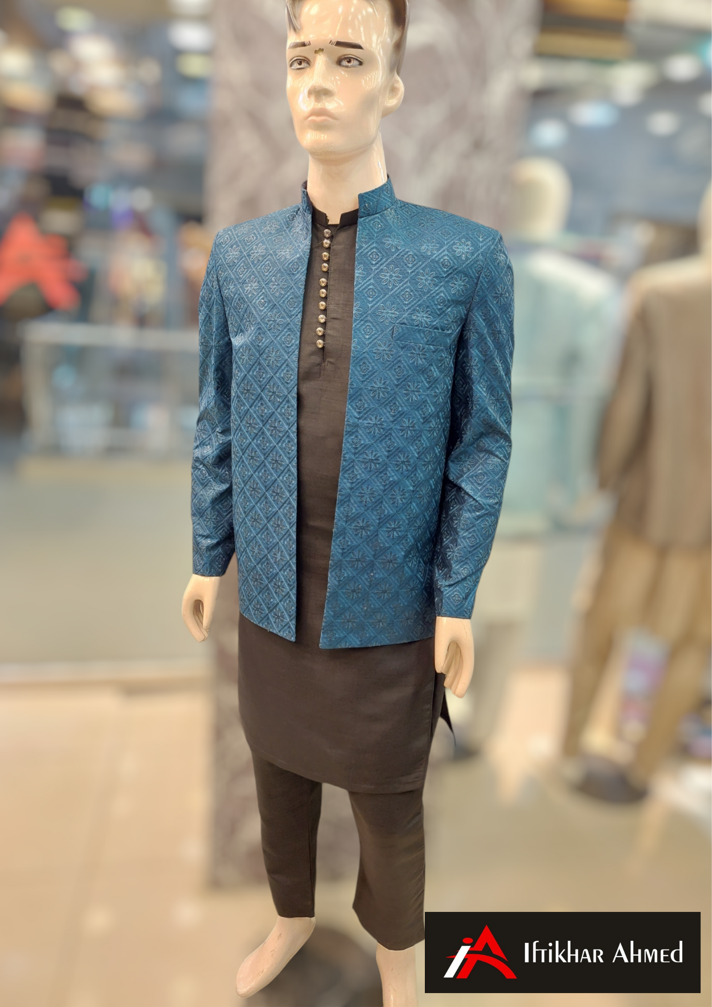 Zinc Blue With Same Embroidery - Open Style Prince Coat - Masoori Fabric