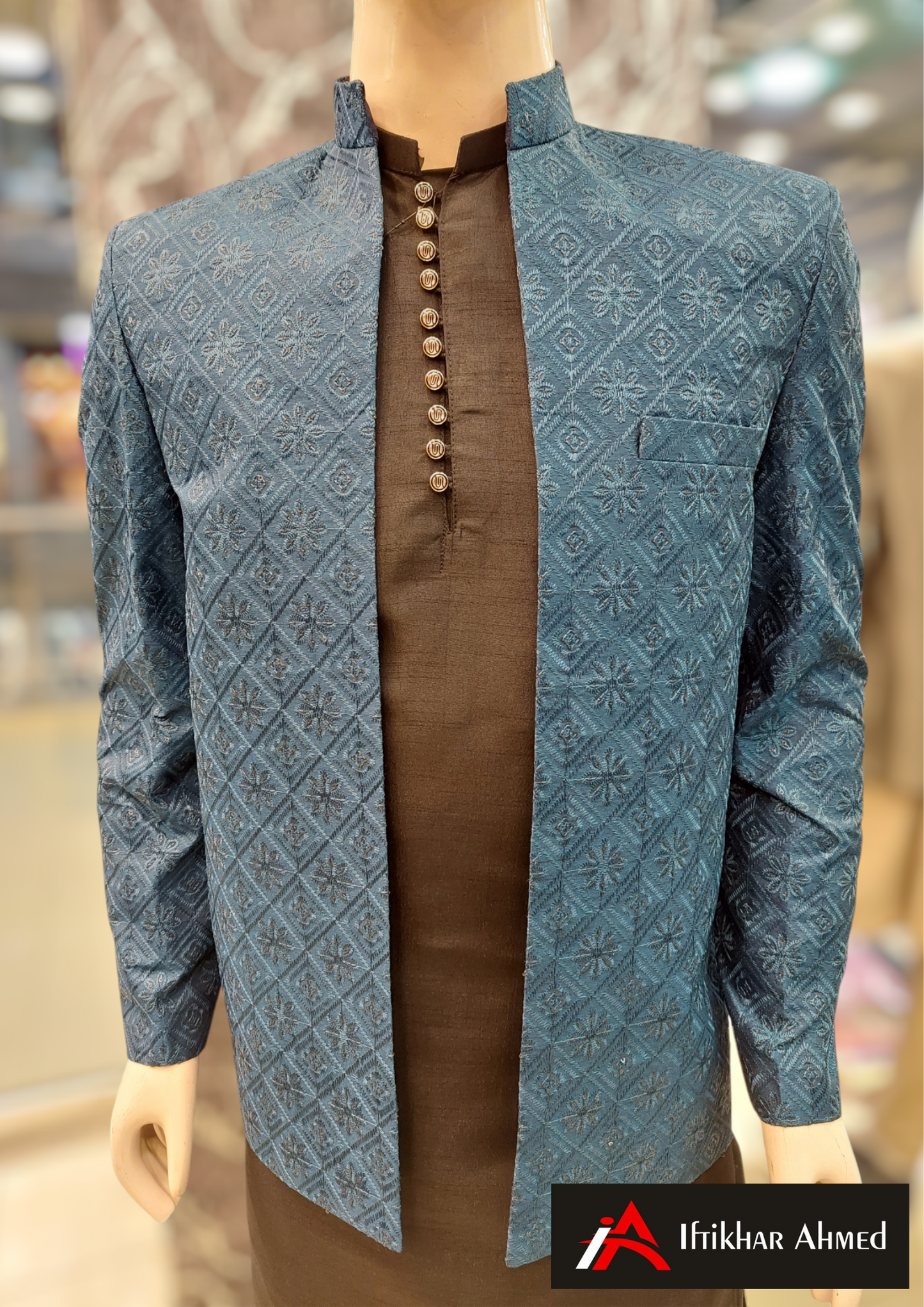 Zinc Blue With Same Embroidery - Open Style Prince Coat - Masoori Fabric