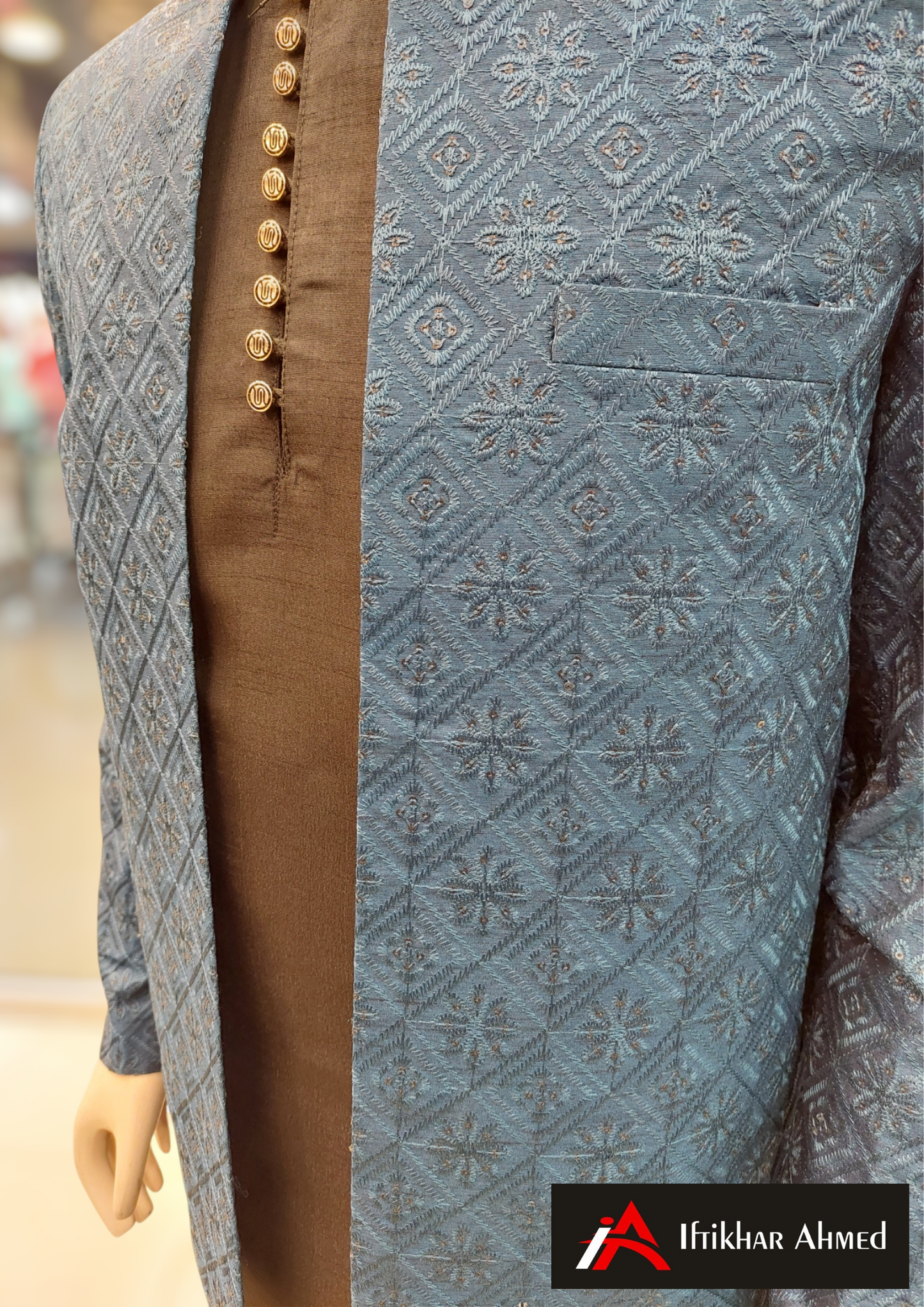 Zinc Blue With Same Embroidery - Open Style Prince Coat - Masoori Fabric
