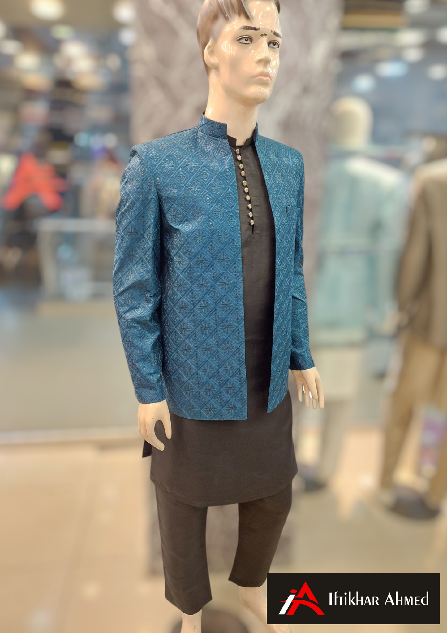 Zinc Blue With Same Embroidery - Open Style Prince Coat - Masoori Fabric