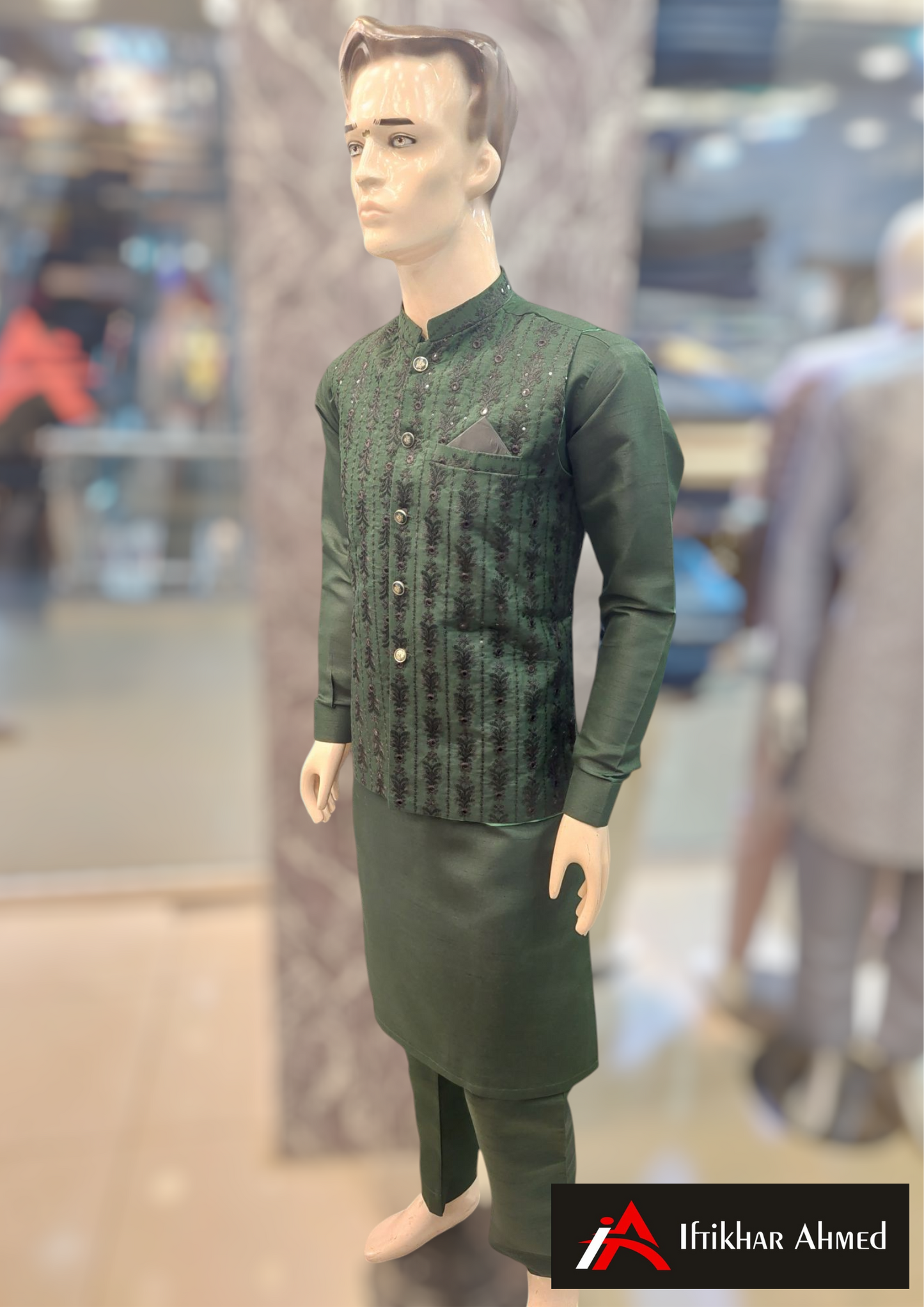 Bottle Green with Black Embroidery - Waist Coat - Masoori Fabric