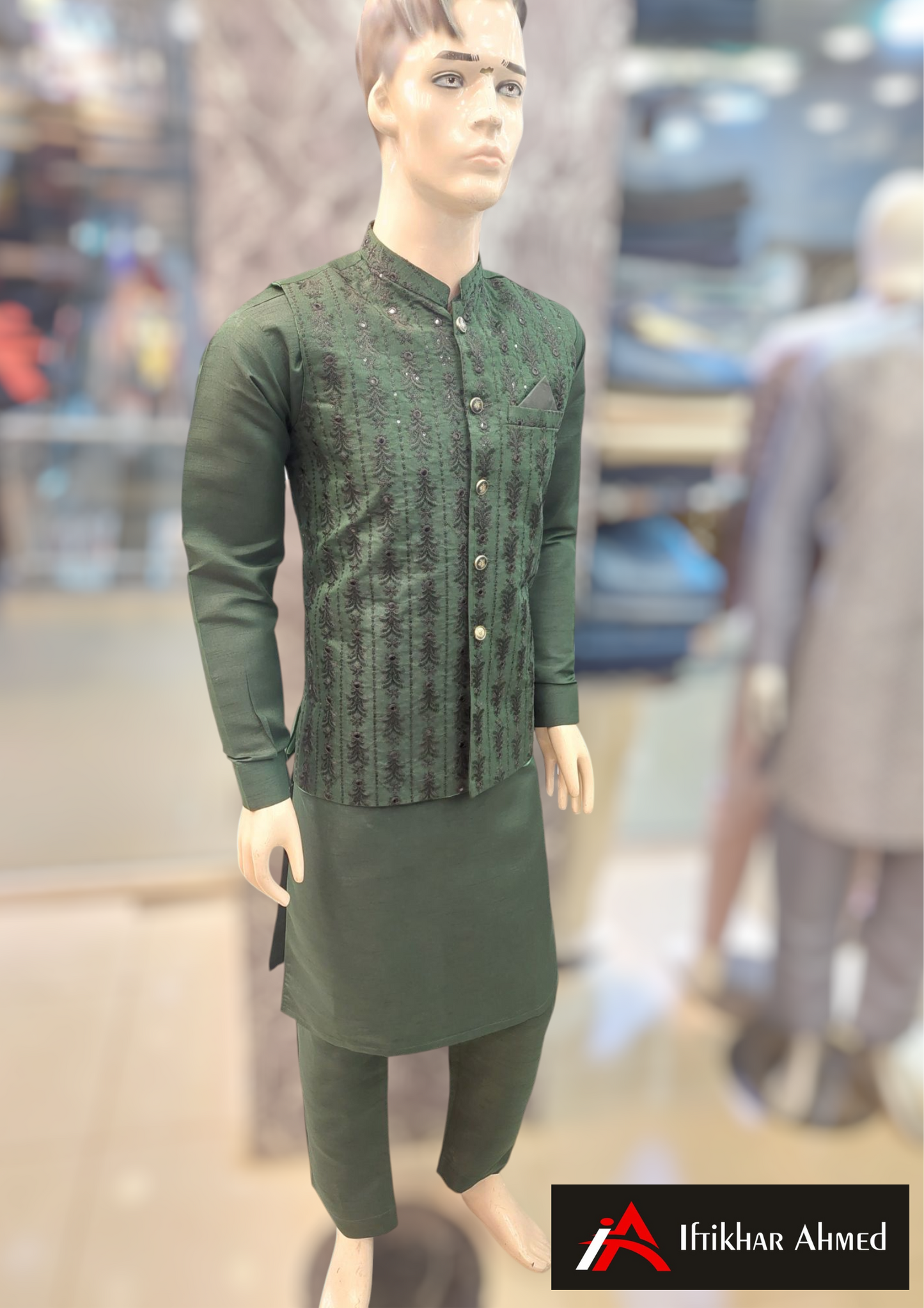 Bottle Green with Black Embroidery - Waist Coat - Masoori Fabric