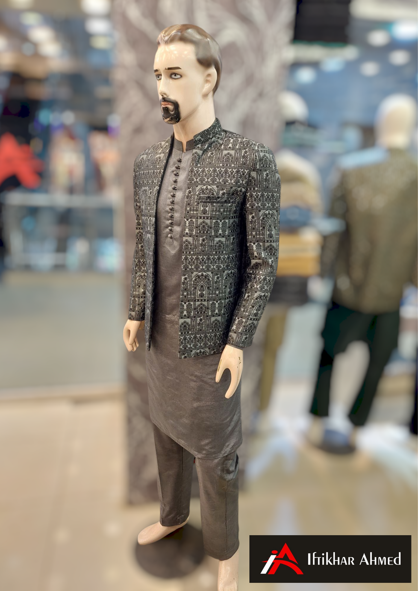Charcoal Grey With Black Embroidery - Open Style Prince Coat - Masoori Fabric