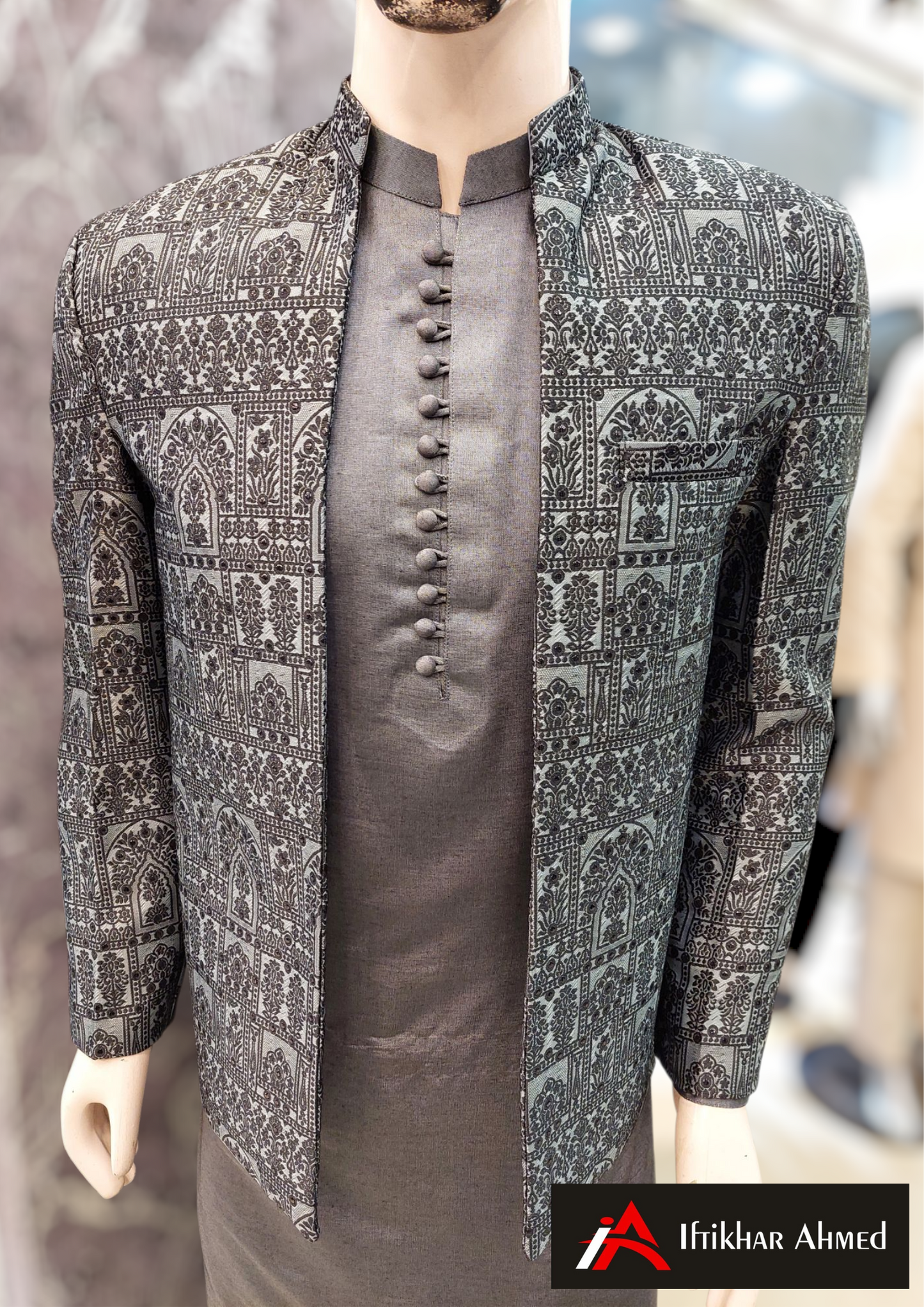 Charcoal Grey With Black Embroidery - Open Style Prince Coat - Masoori Fabric