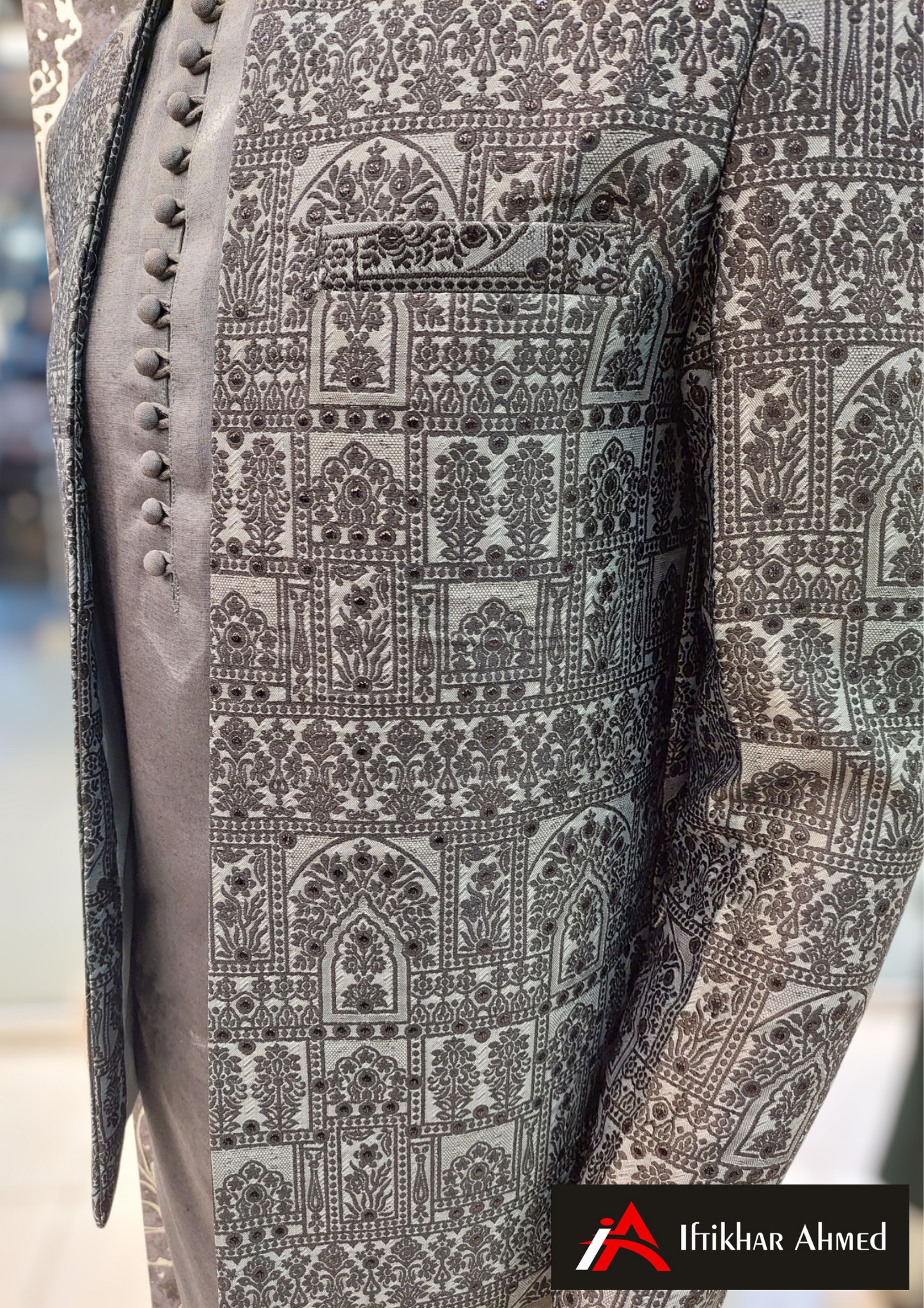 Charcoal Grey With Black Embroidery - Open Style Prince Coat - Masoori Fabric