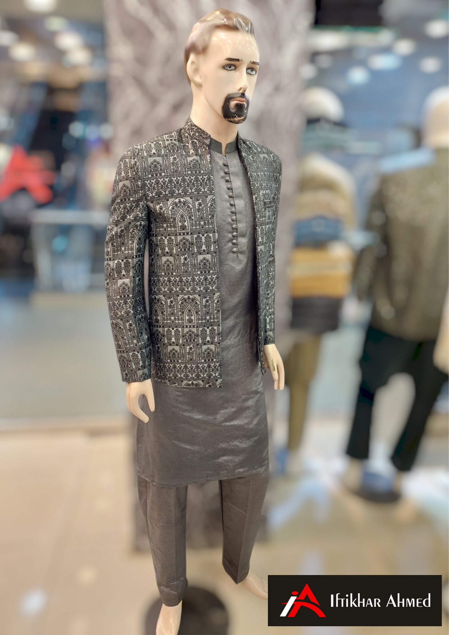 Charcoal Grey With Black Embroidery - Open Style Prince Coat - Masoori Fabric