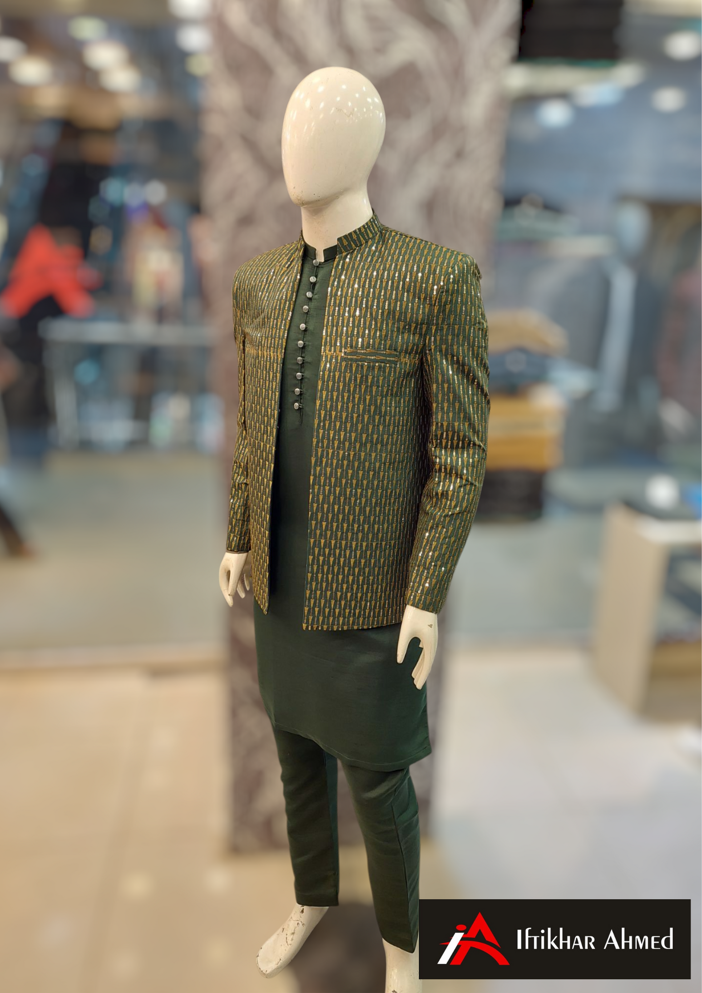 Bottle Green With Copper Embroidery - Open Style Prince Coat - Masoori Fabric