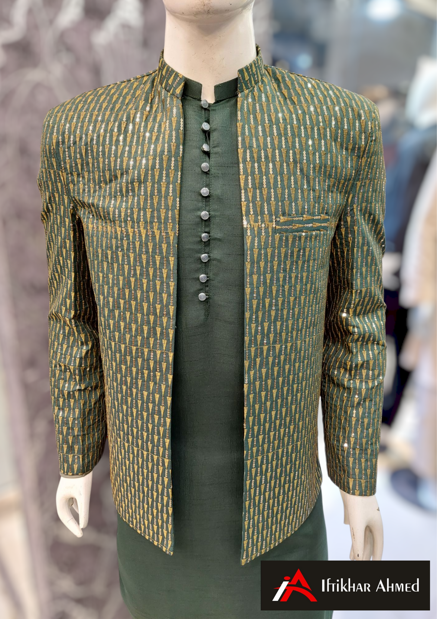 Bottle Green With Copper Embroidery - Open Style Prince Coat - Masoori Fabric