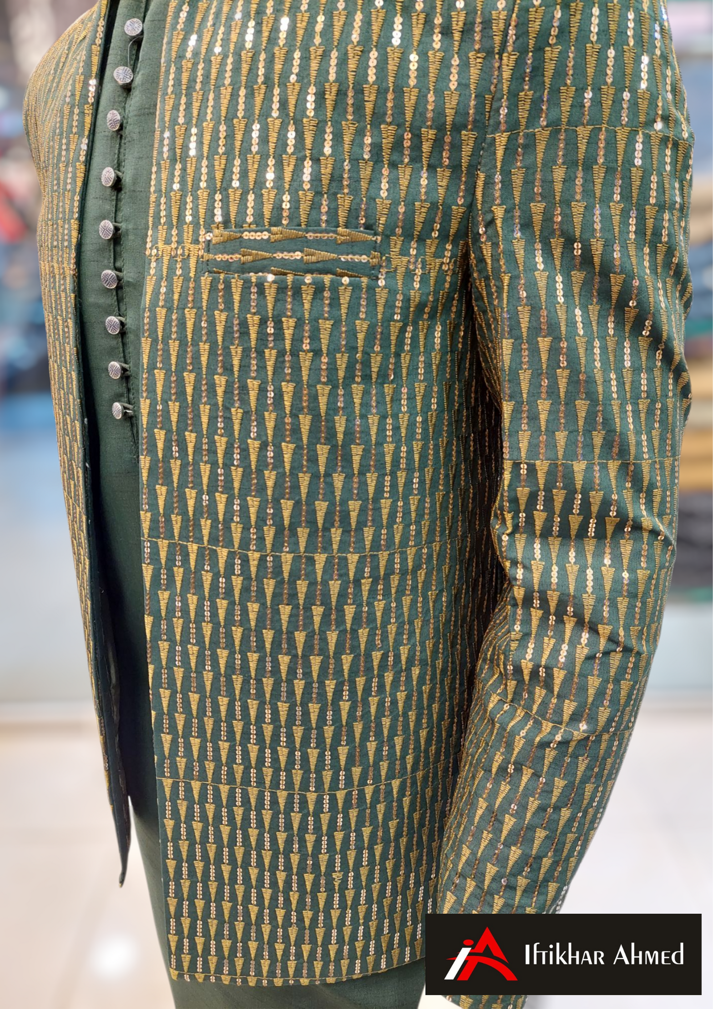 Bottle Green With Copper Embroidery - Open Style Prince Coat - Masoori Fabric