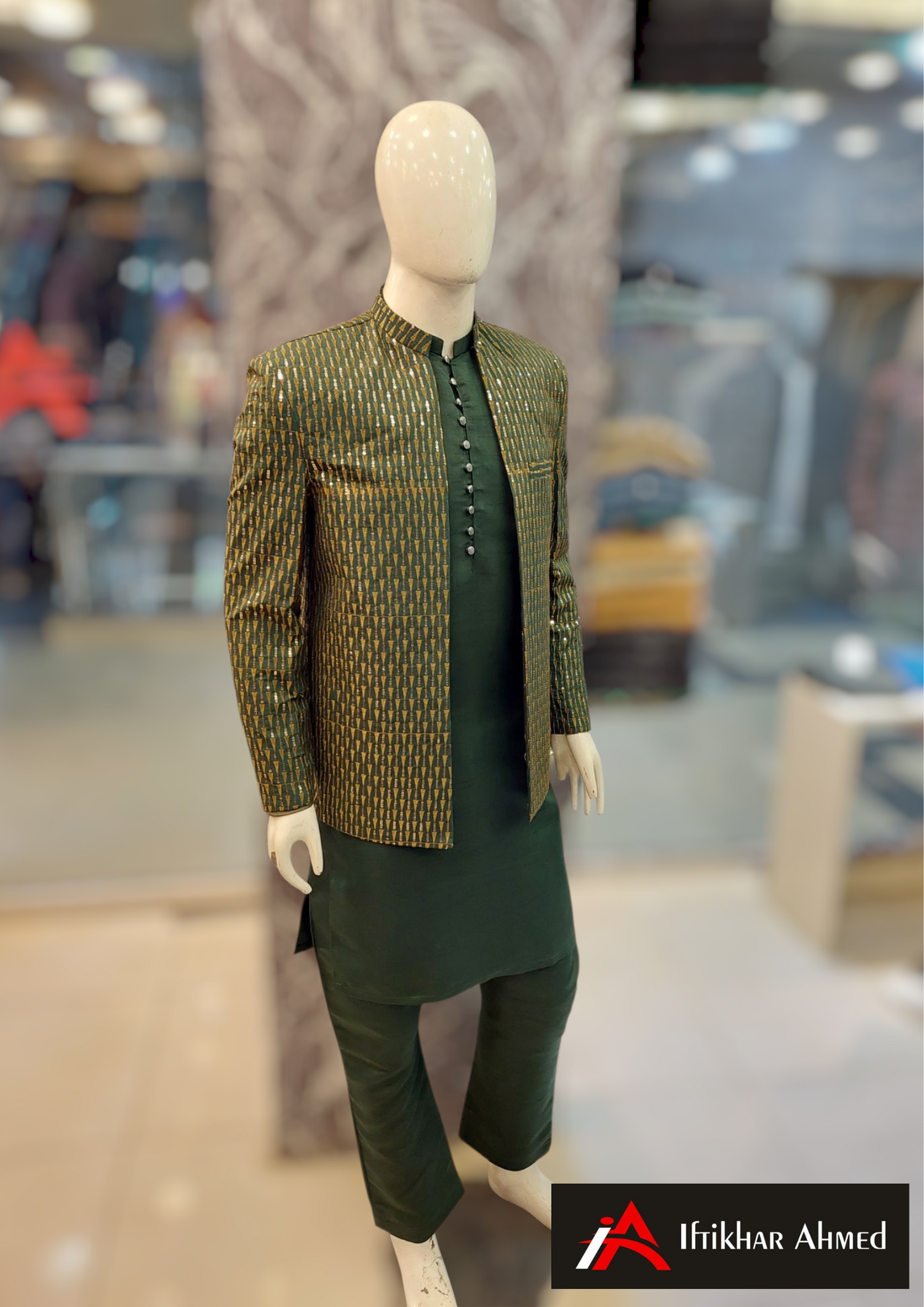 Bottle Green With Copper Embroidery - Open Style Prince Coat - Masoori Fabric