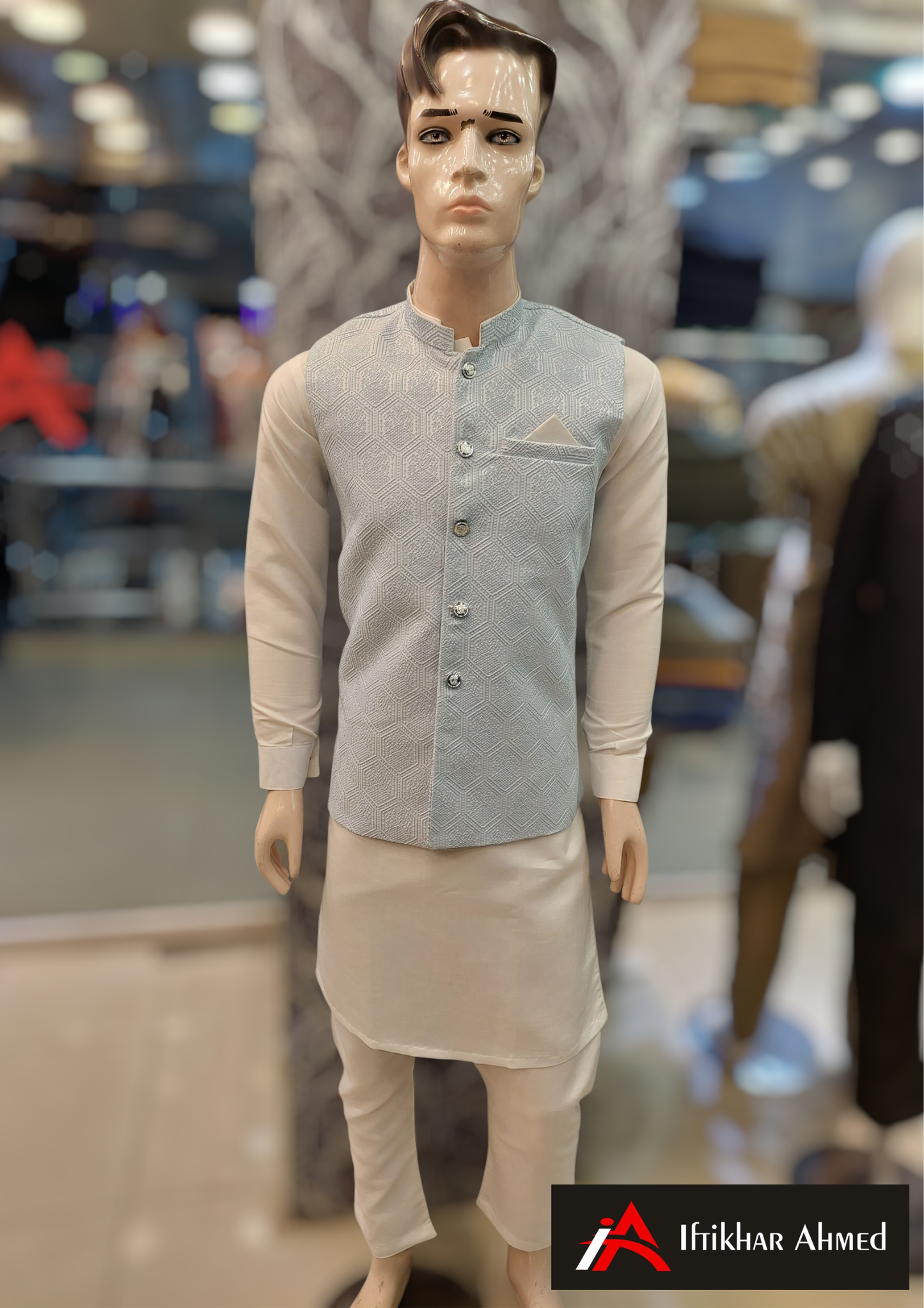 White With Sky Blue Embroidery - Waist Coat – MDC Fabric