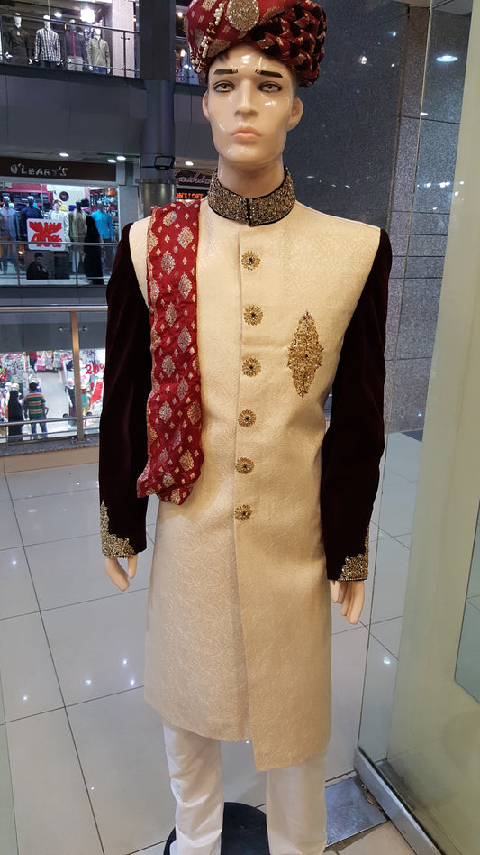 Off-White with Black Sleeves Sherwani - Jamawar