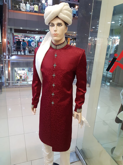 Red Sherwani - Jamawar Fabric