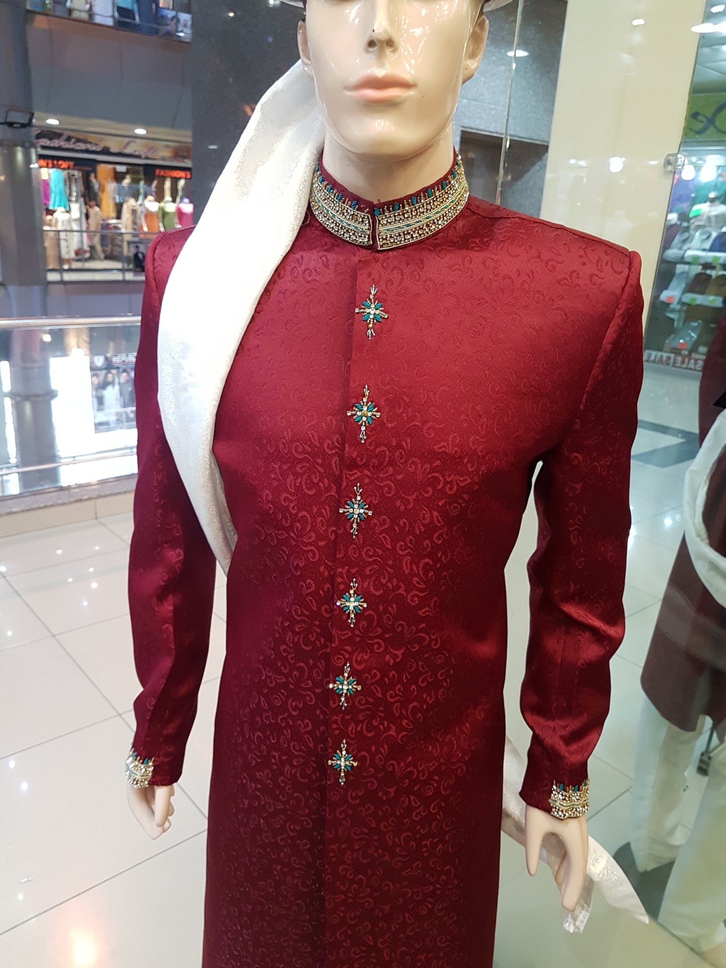 Red Sherwani - Jamawar Fabric