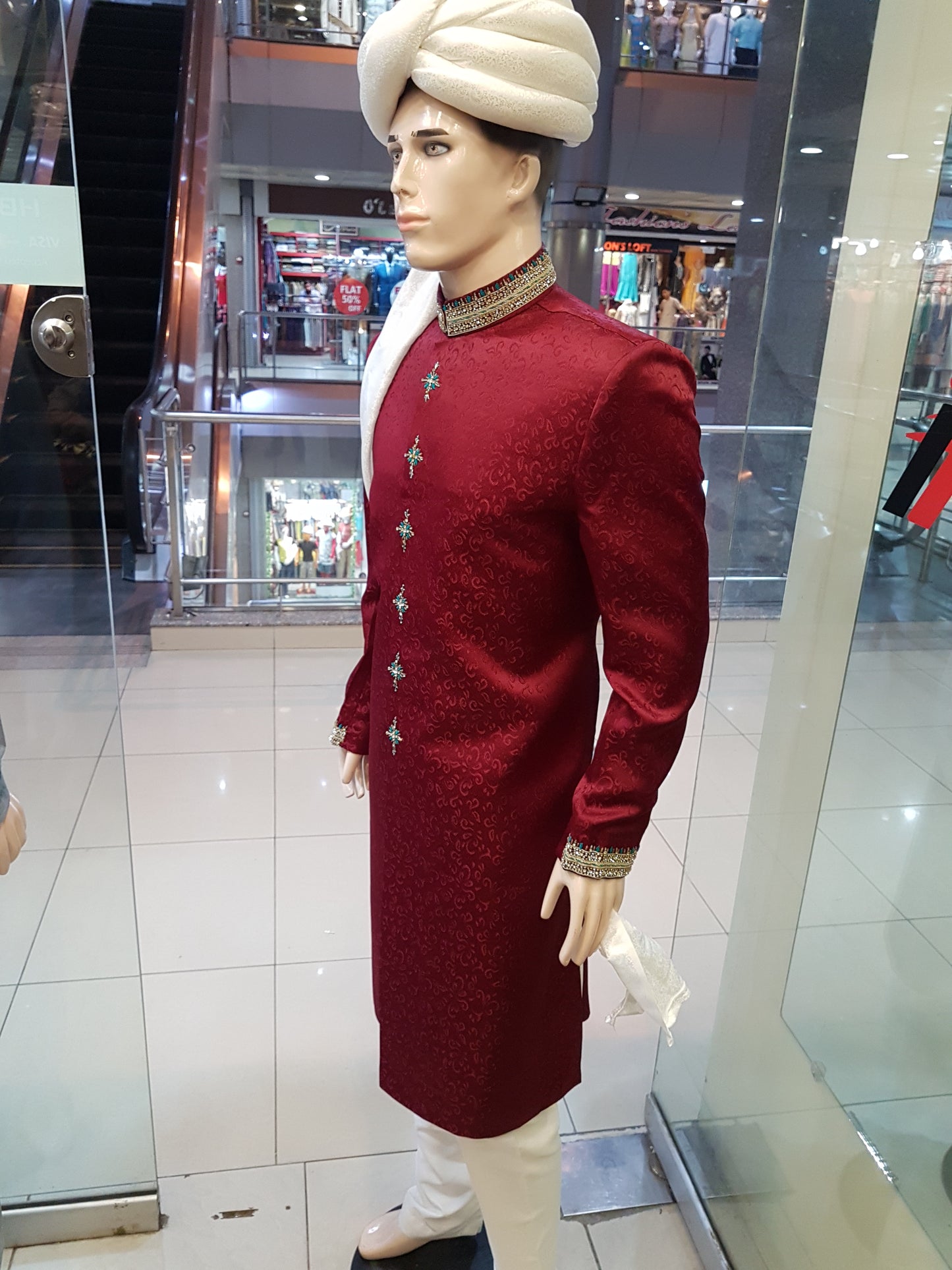 Red Sherwani - Jamawar Fabric