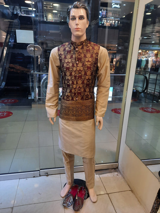 Maroon Waist Coat with Golden Boti & Border - Atlas Zaari Fabric