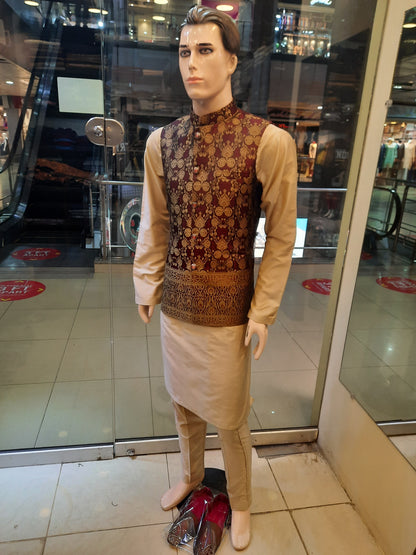 Maroon Waist Coat with Golden Boti & Border - Atlas Zaari Fabric