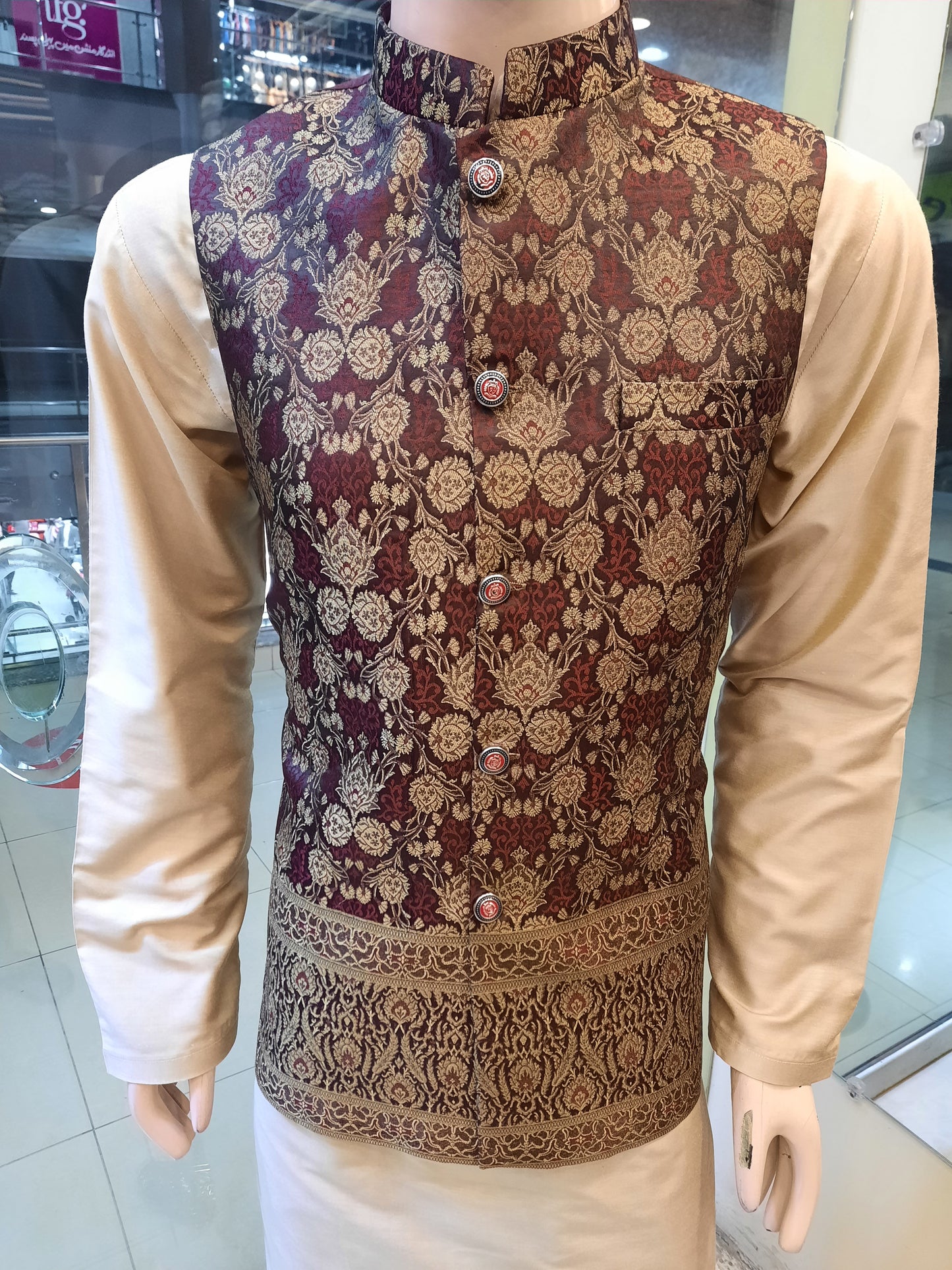 Maroon Waist Coat with Golden Boti & Border - Atlas Zaari Fabric