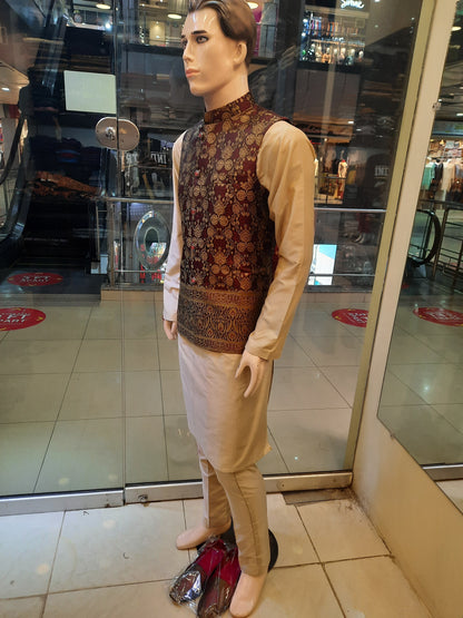 Maroon Waist Coat with Golden Boti & Border - Atlas Zaari Fabric