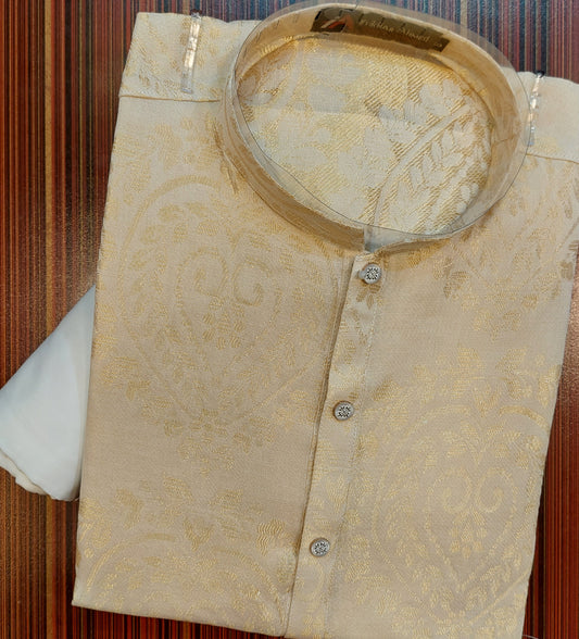 Embossed Textured Golden Kurta - Cotton Zaari