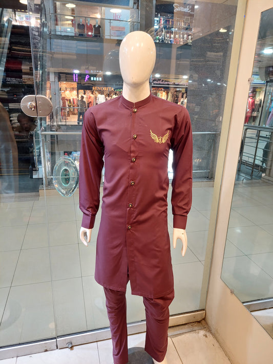 Maroon Kurta Pajama Front Open - Wash and Wear Fabric