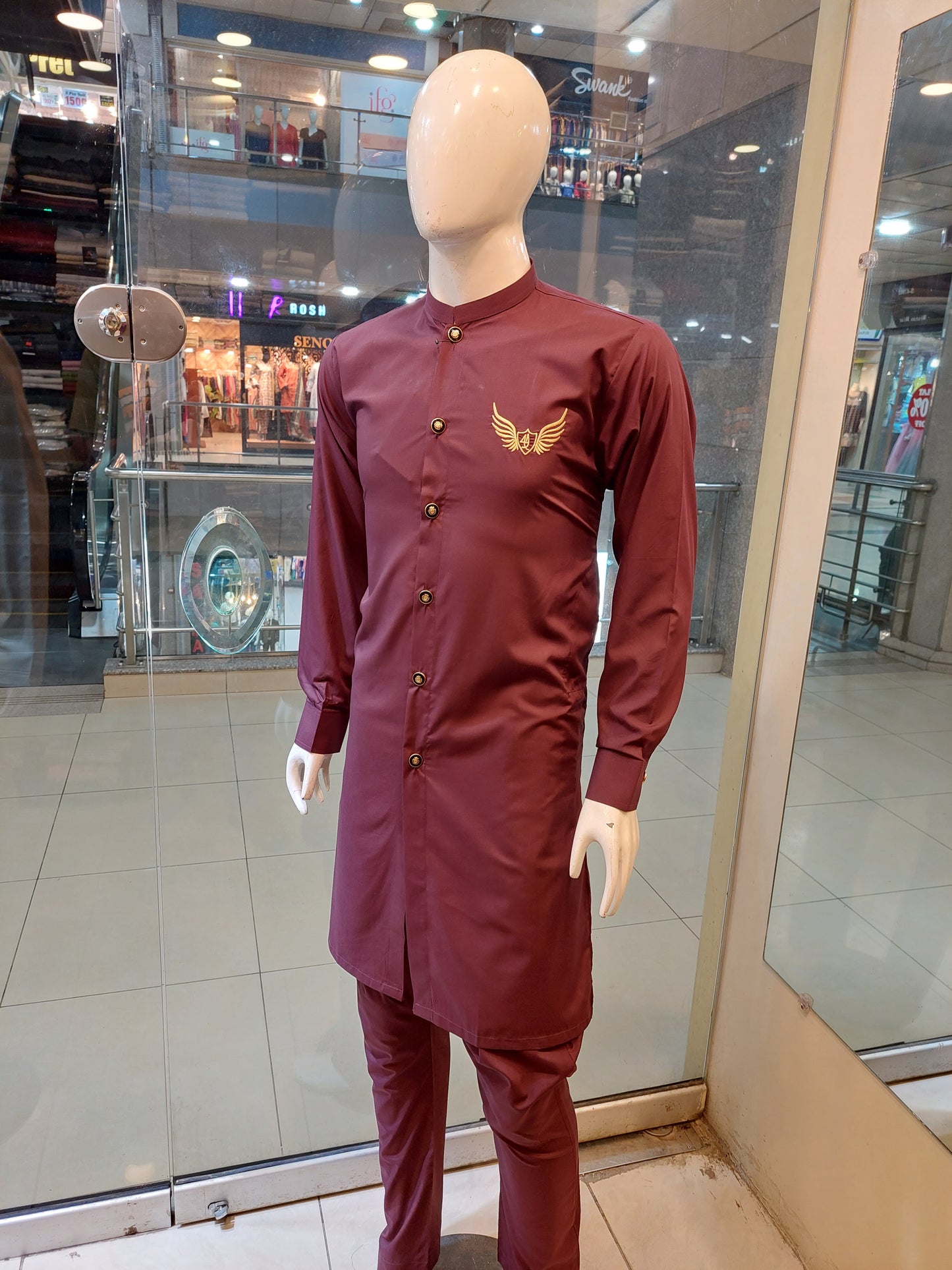 Maroon Kurta Pajama Front Open - Wash and Wear Fabric