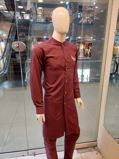 Maroon Kurta Pajama Front Open - Wash and Wear Fabric